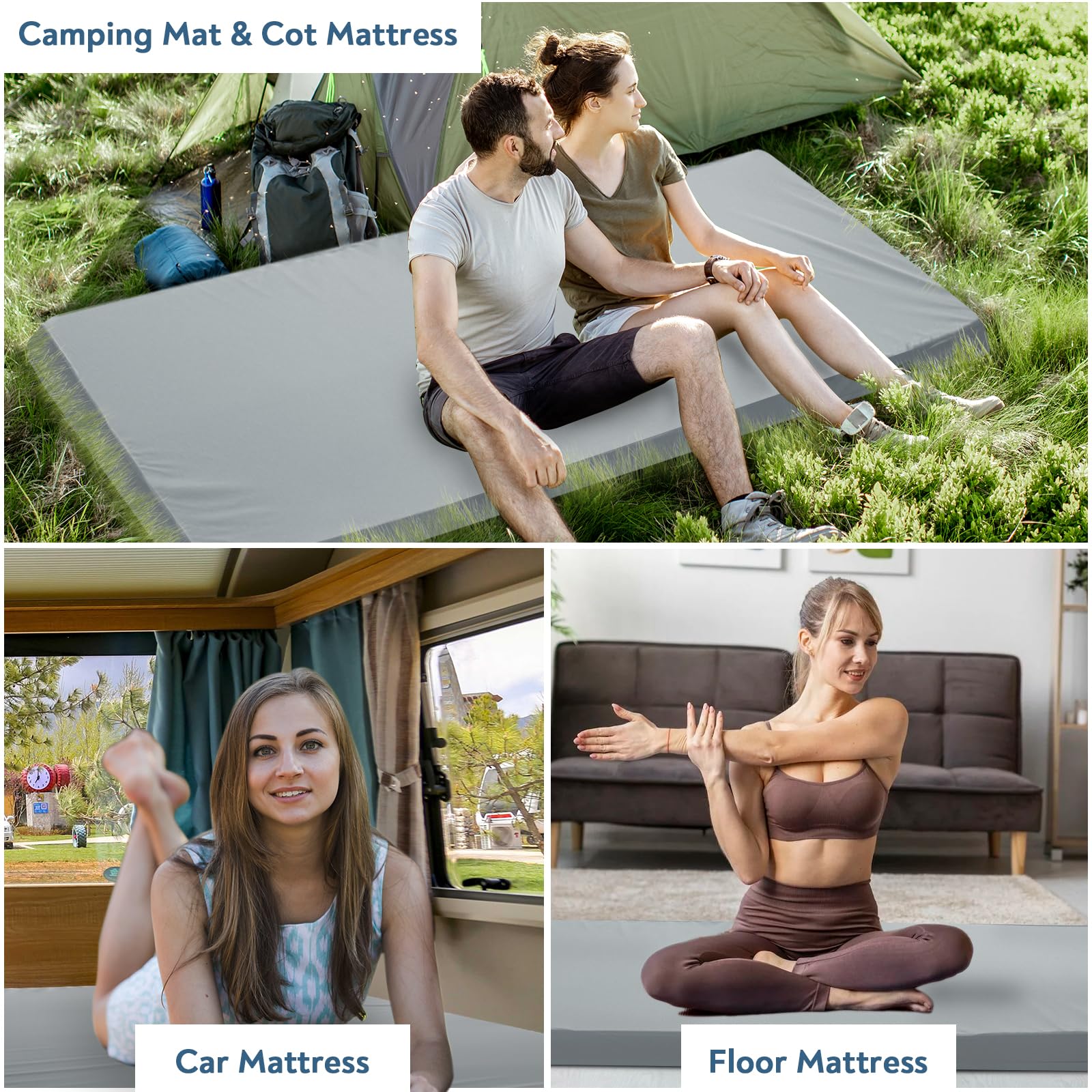Memory Foam Camping Cot Pad, 7,6 cm Isomatte mit wasserdichter Abdeckung | Rutschfeste, tragbare Kinderbettunterlage für Reisen, LKW, Bett, Zelt, pflegeleicht, 183 x 61 x 7,6 cm, Grau