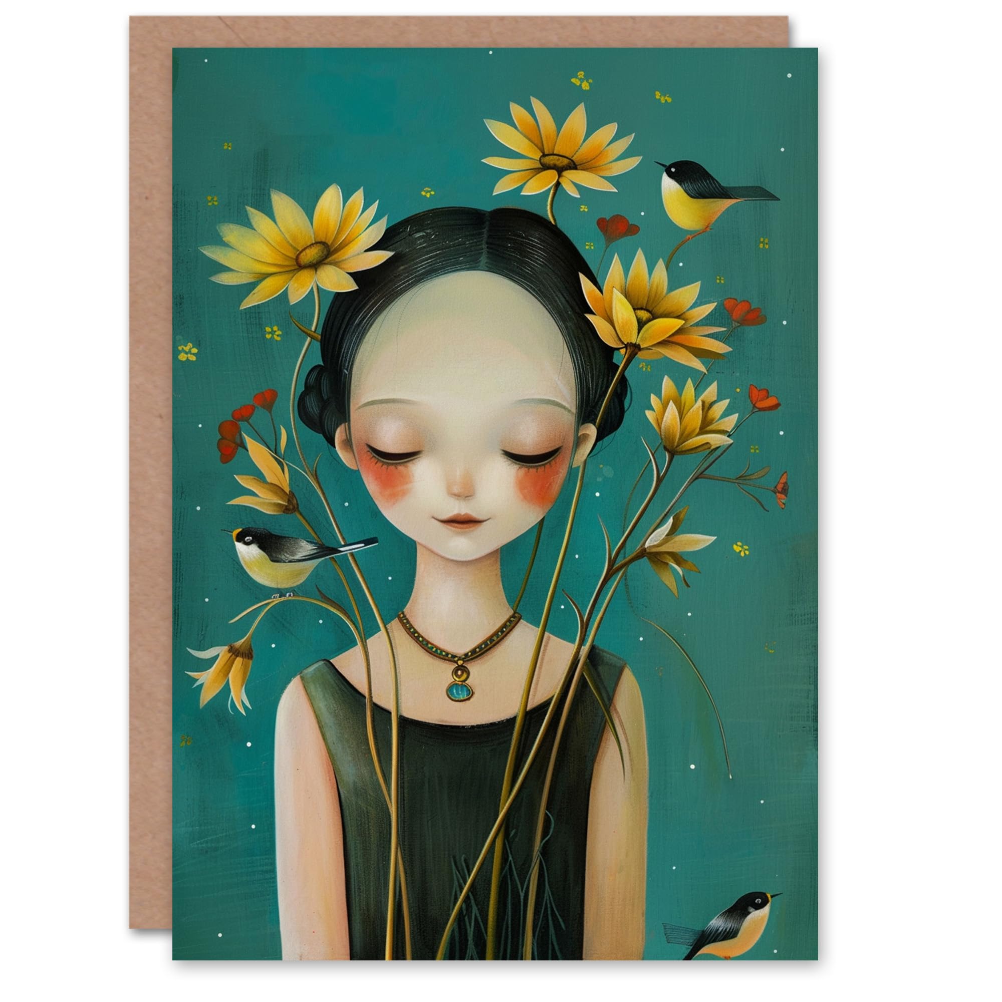 Artery8 Greeting Card - Bird Lady Garden Flower Cute Portrait - Green