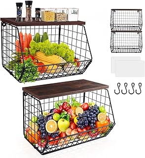 Mefirt 2pcs Fruit Basket Onion Storage Wire Baskets with Wood Lid, Stackable Wall-mounted & Countertop Tiered Kitchen Coun...