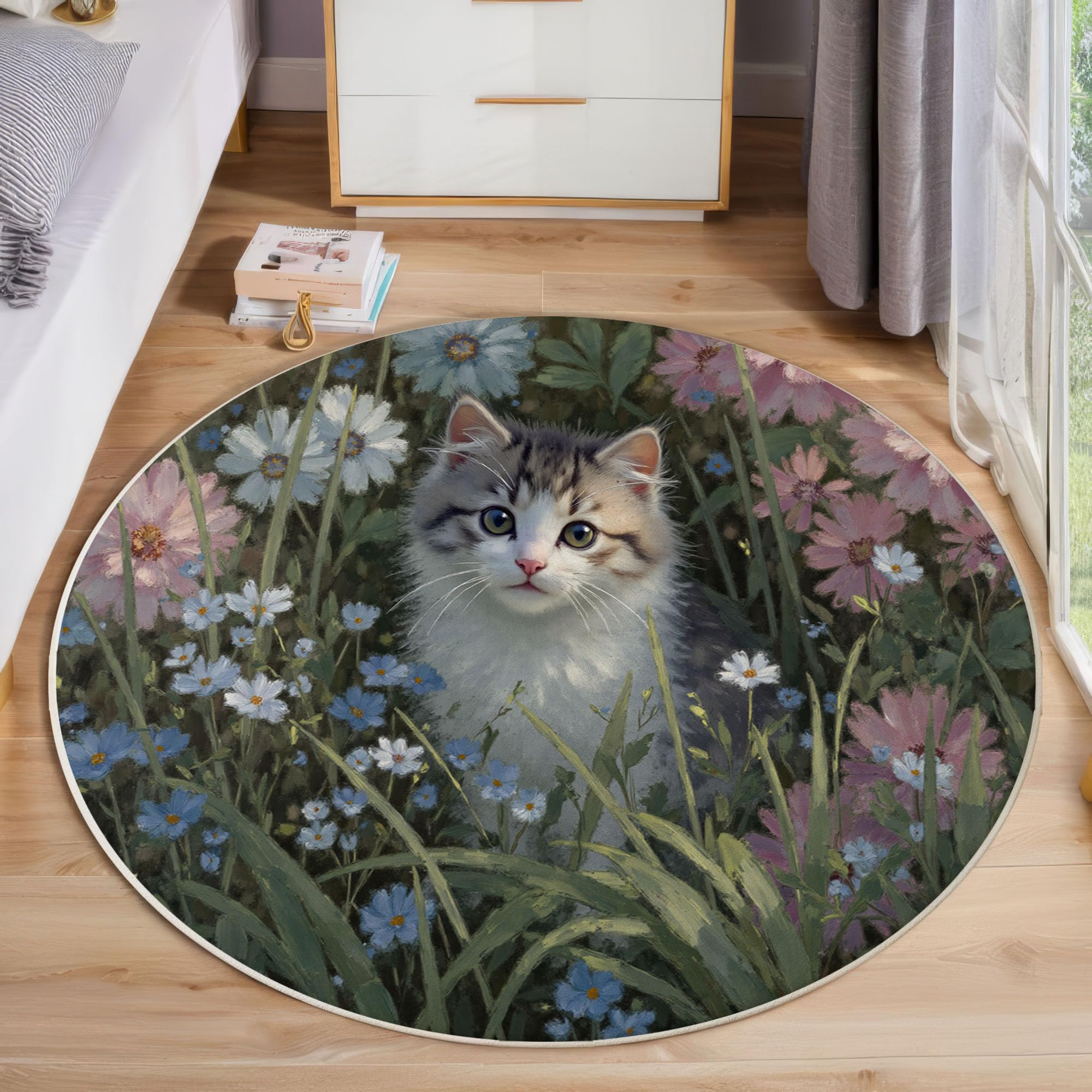 Tapis rond lavable Chat de Jardin 100cm pour habiller joliment votre salon.