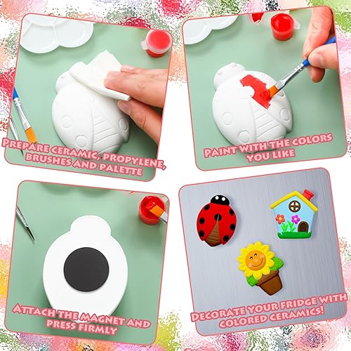 Miniatura 4 de Simgoing Juego de 24 juegos de arte y manualidades de primavera para niños, kit de pintura de cerámica sin pintar con 24 imanes, 4 pinceles y 2