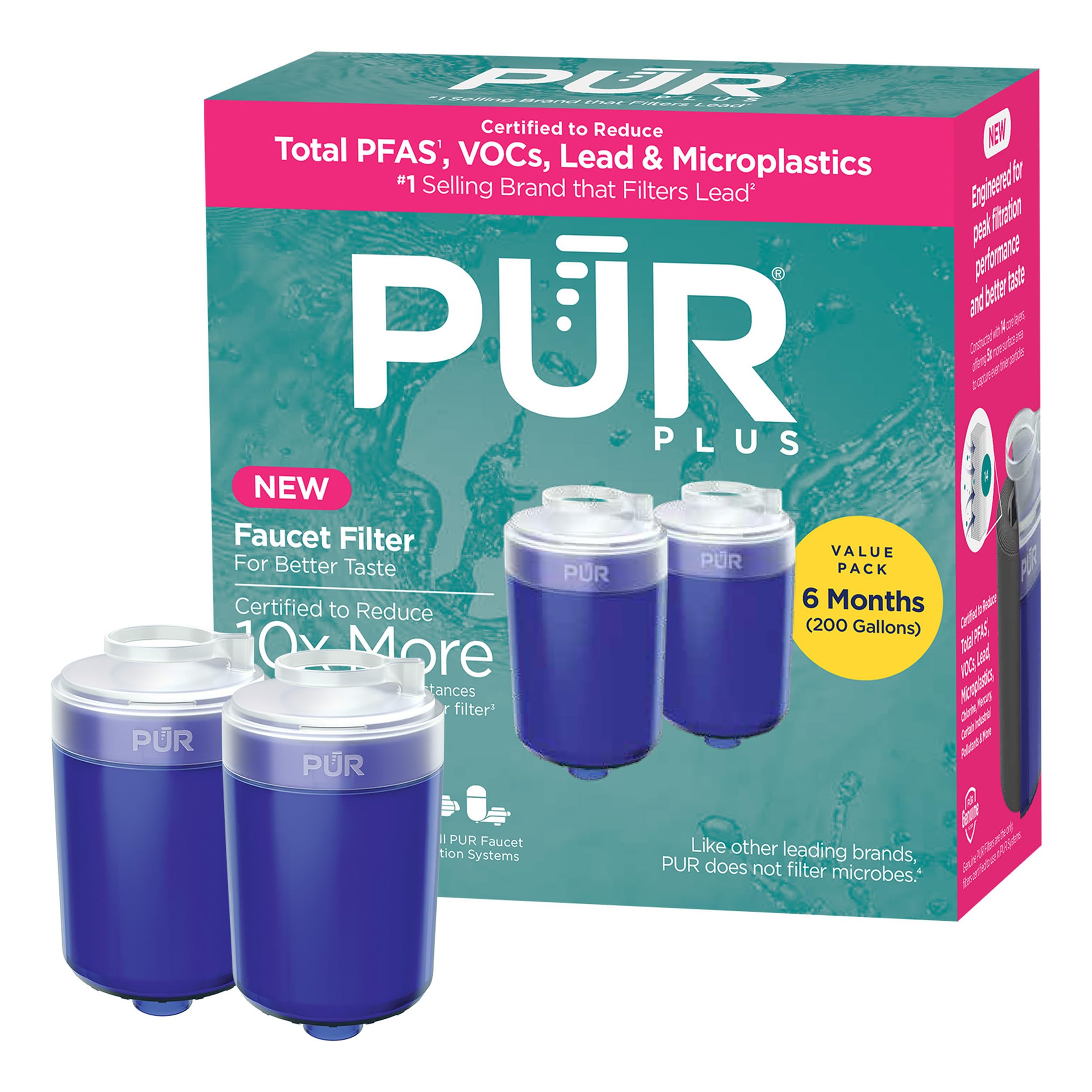 Photo 1 of PUR PLUS Faucet Mount Replacement Water Filter 2-Pack, Genuine PUR Filter, 3-in-1 Powerful, Natural Mineral Filtration, Lead Removal, 6-Month Value, Blue (RF99992)