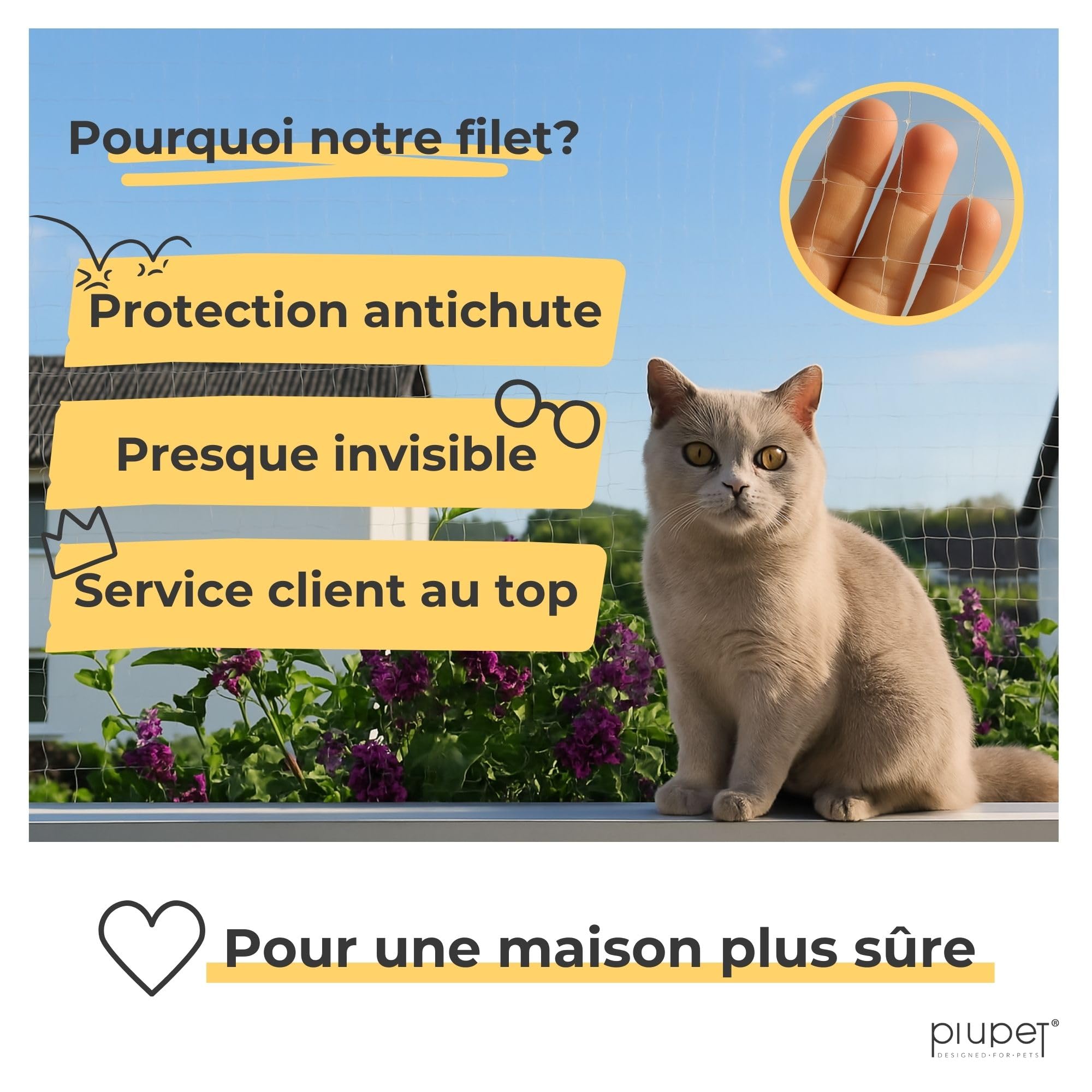 PiuPet® Filet de Protection pour Chats 4 x 3 m | Filet Transparent pour Chats avec Corde de Fixation | Sécurité maximale pour balcons et fenêtres