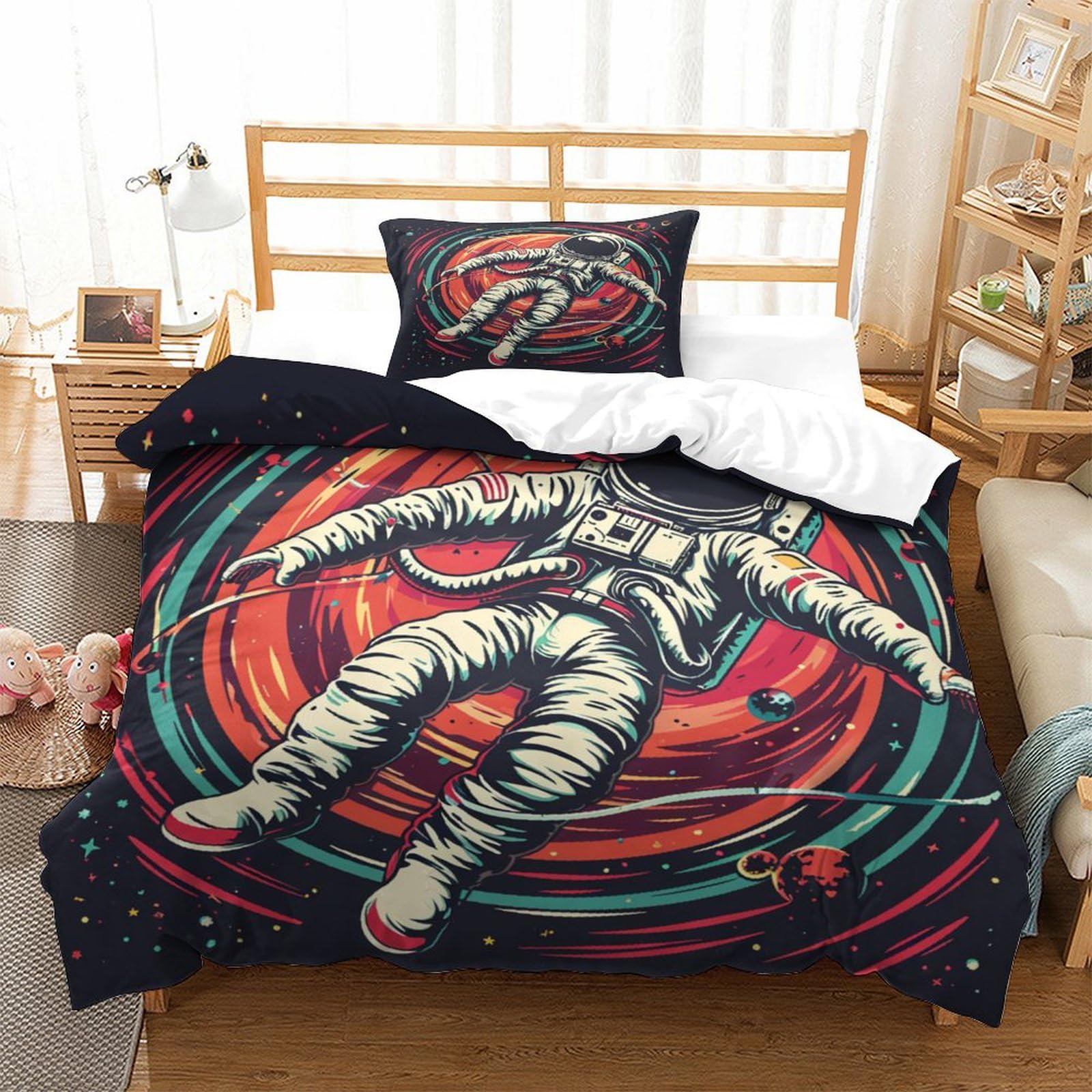P1S9U7W5Y Space Inspired 3D Printed Microfiber 3 Piece Duvet Cover Set Astronaut Pattern for Teens Bedroom Decor Cosmic Bedding Set Breathable for Dorm Home Single（135x200cm）