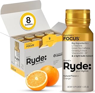 Ryde: Focus + Energy Shot, 0 Calories, 0 Sugar, L-Theanine & Ginseng, Green Tea Caffeine, Vitamins B2 & B7, 2 FL OZ Shots, Orange Flavor, Supports Focus (8 Pack)