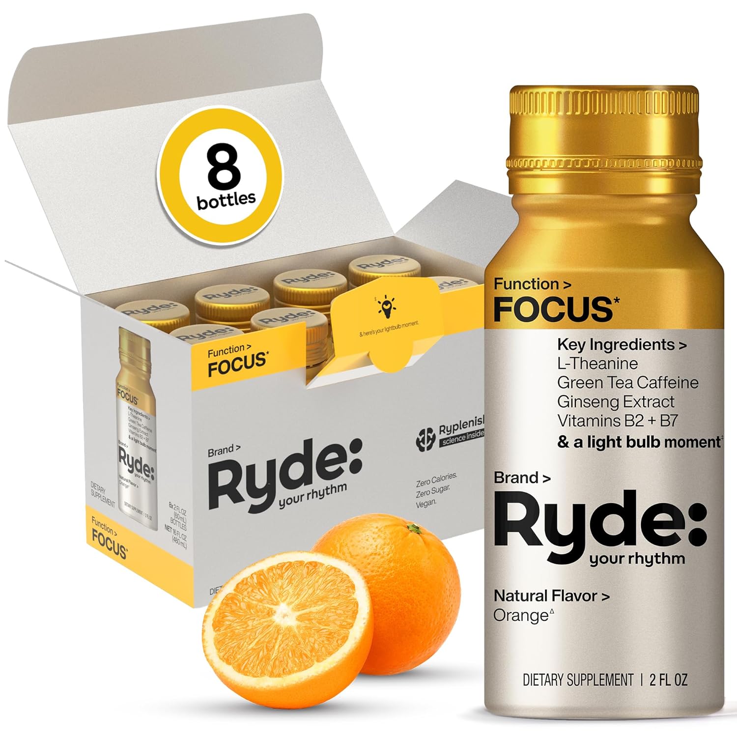 Ryde: Focus Shot | Orange Flavor | L-Theanine & Ginseng | Green Tea Caffeine | Vitamins B2 & B7 | 0 Calories, 0 Sugar | 2 FL OZ Shots | Supports Focus* (8 Pack)