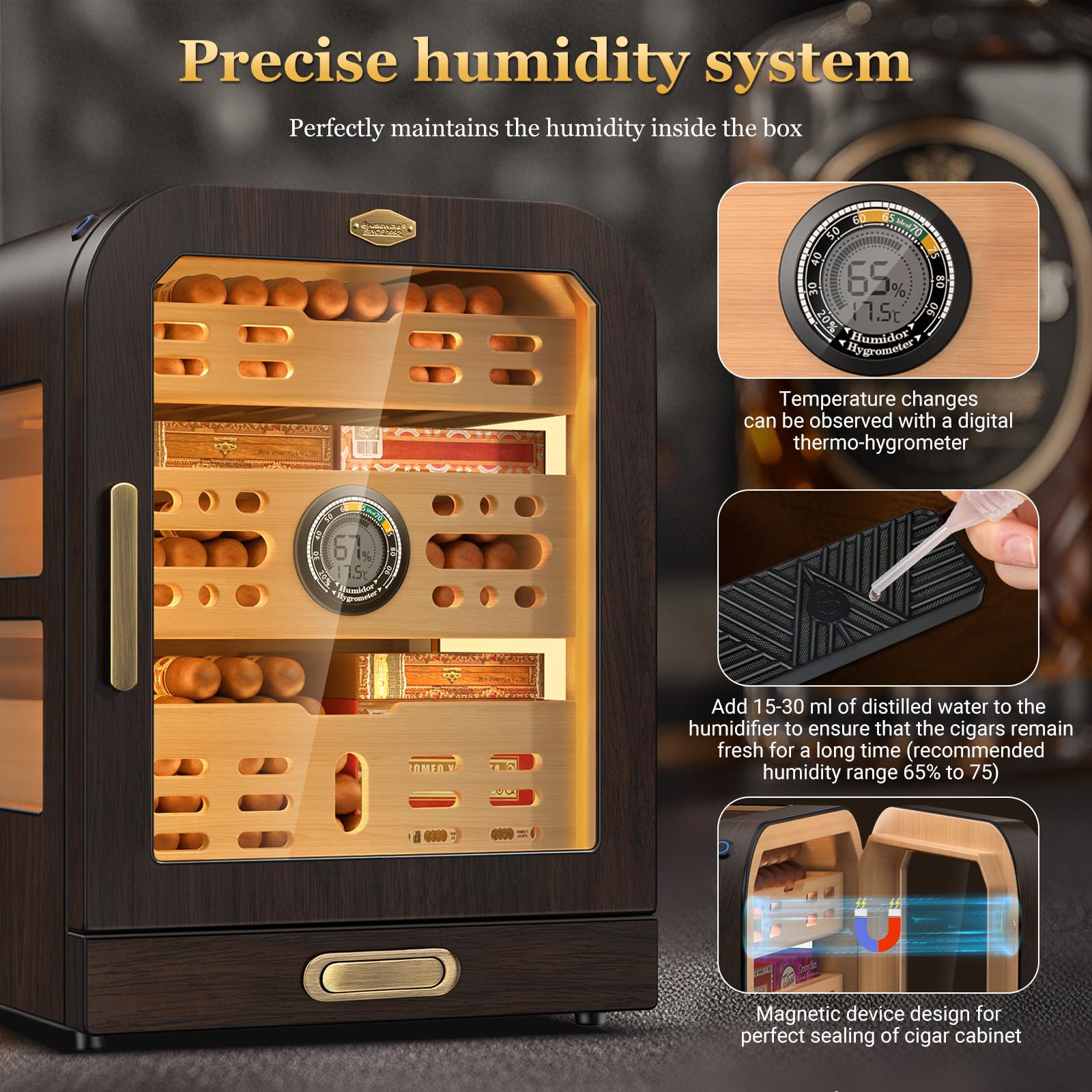 Zigarren-Humidor, 3 Seitenfenster, Humidor Zigarrenbox, Zedernholzschublade Zigarrenschrank, mit LED-Beleuchtungssystem, digitalem Thermometer und 2 Zigarren-Luftbefeuchtern