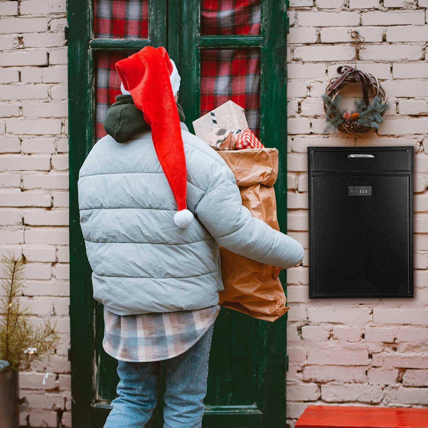 Wall Mount Mailbox with Combination Lock Large Locking Security Mailbox for Outside Secured Mail Drop Lockable Hanging Metal Postbox Collection Box(Black,16.2 x 11.2 x 4.7 Inches)