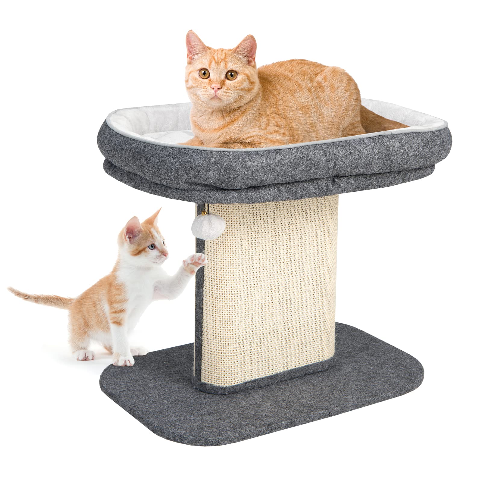 GYMAX Albero Tiragraffi per Gatti in Legno con Rivestimento in Peluche, Paletti in Sisal, Nido Confortevole, Palla da Appendere, 59 x 39,5 x 50 cm, Portata 20 kg (GRIGIO)