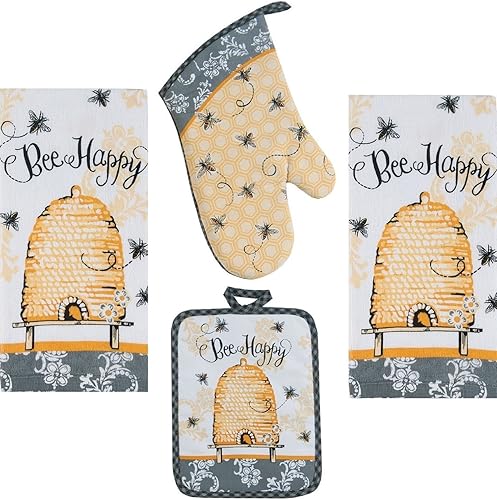 Juego de cocina Bee Happy de 4 piezas, 2 toallas de rizo, manopla para horno, agarradera