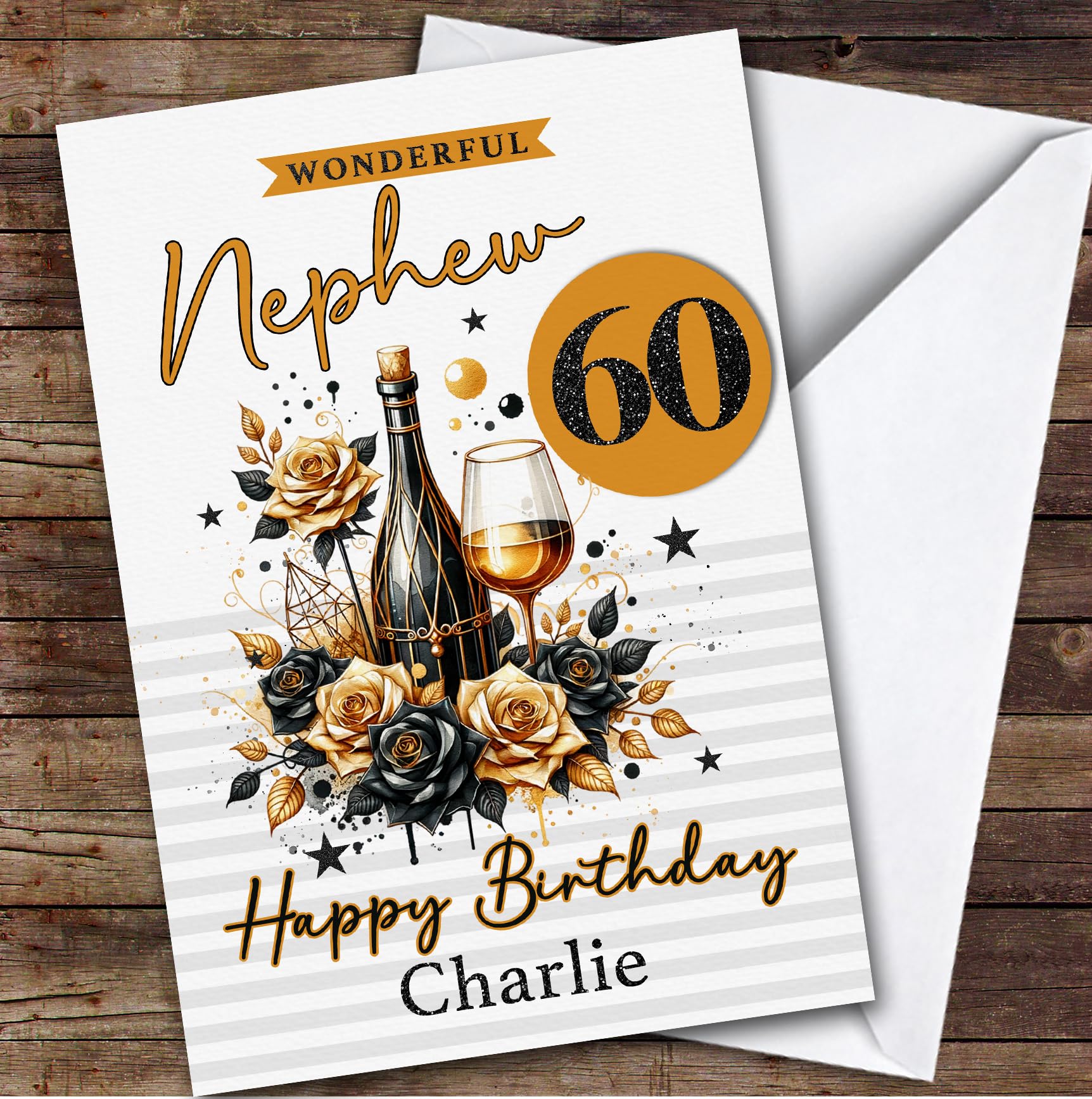 Personalised Nephew 60th Birthday Card Black And Gold Champagne | Personalised Birthday Card For Nephew, Him, 60th, Alcohol, Milestone Birthdays