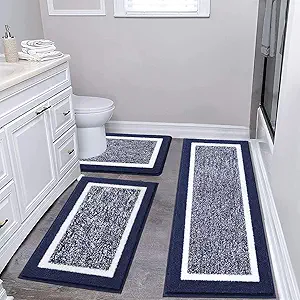 Pauwer Bathroom Rugs Sets 3 Piece Bathroom Shower Rugs with U-Shaped Contour Toilet Mat Absorbent Microfiber Plush Bath Mats Non Slip Bath Rugs Machine Washable Shaggy Bathroom Floor Mats, Navy
