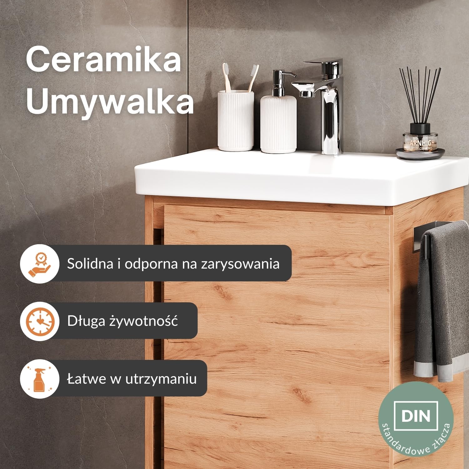 Planetmöbel umywalka z szafką podumywalkową 50 cm, szafka pod umywalkę, cichy domyk, zestaw mebli łazienkowych, złoty dąb