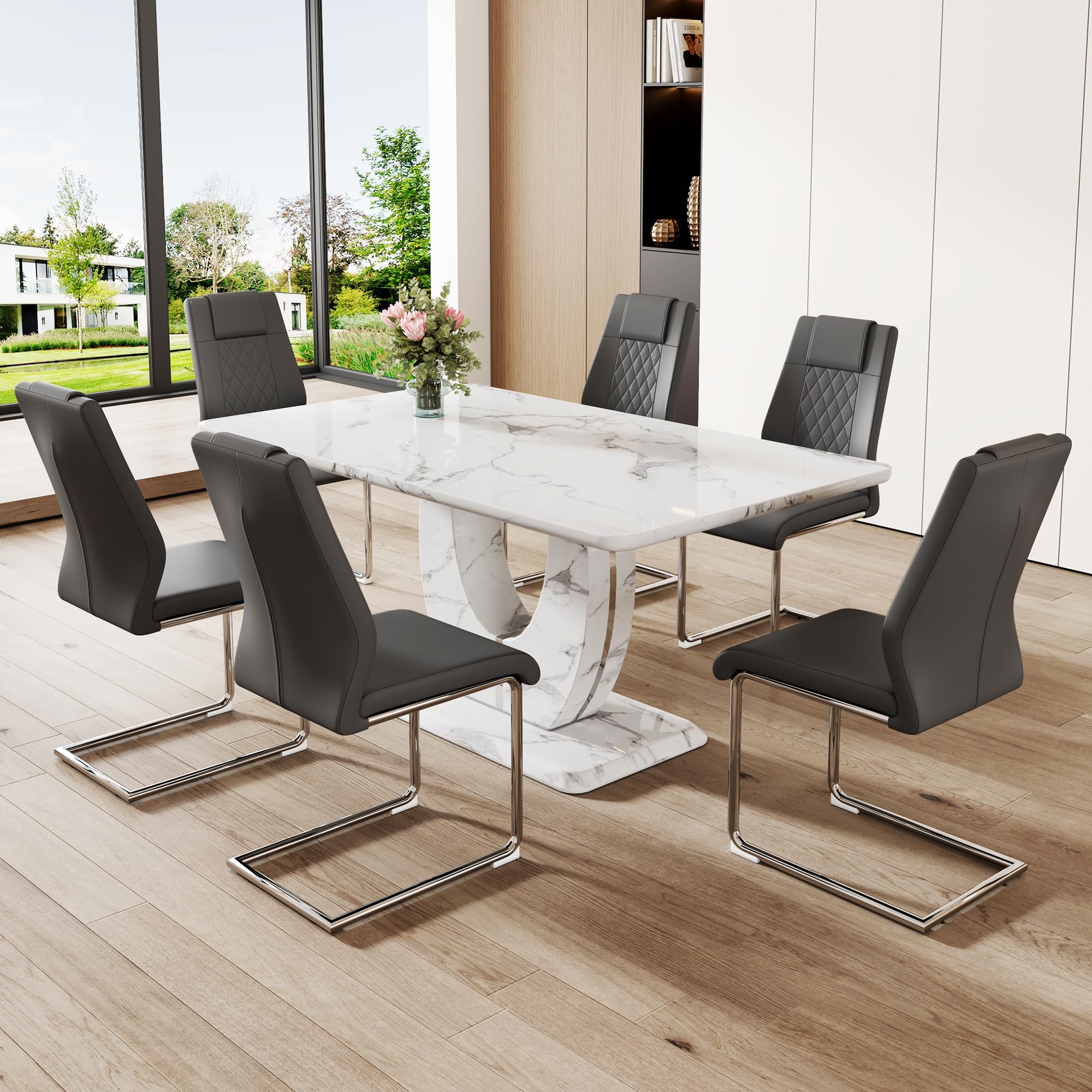Dining Table Set for 6, Kitchen Table Chairs Set of 6, Modern Dining Room Set with 63'' Marble Dinner Table PU Leather Upholstered Chairs for Dining Room Kitchen (Grey-C)