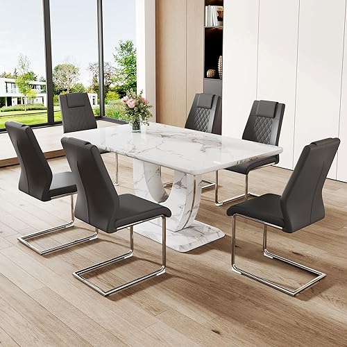 Miniatura 31 de Juego de mesa de comedor para 6, juego de sillas de cocina de 6, juego de comedor moderno con mesa de 63' de mármol y sillas tapizadas de PU para la