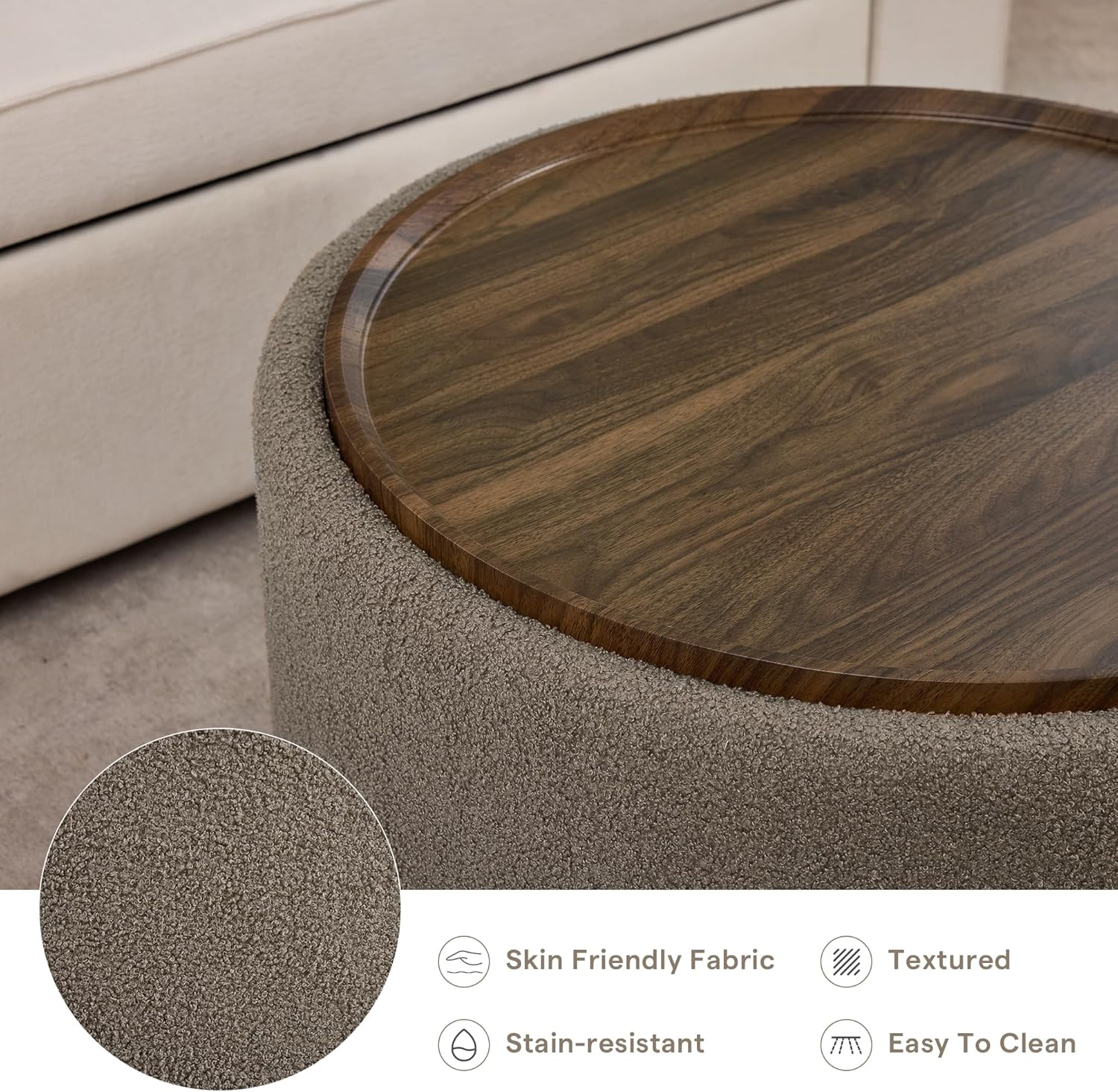 29.5 Inch Round Storage Ottoman Coffee Table,Modern Circle Coffee Table with Storage with Removable Lid Top and Solid Wood Legs,Large Round Ottoman for Bedroom,Living Room,Teddy Fleece,Brown