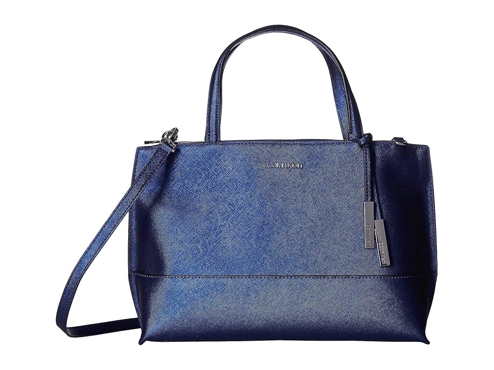 

Calvin Klein Saffiano Leather Satchel (Metallic Navy) Satchel Handbags