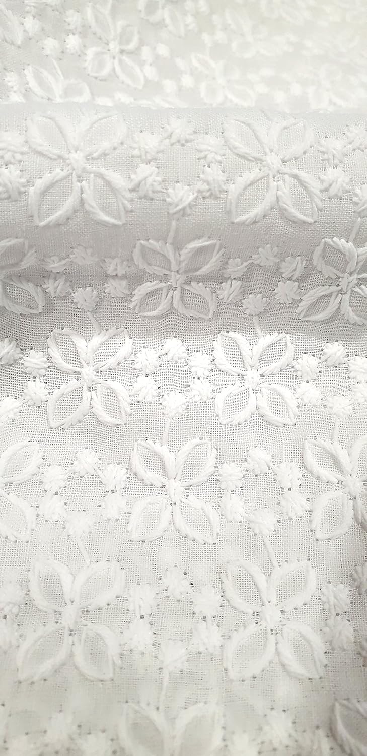 100% Cotton Embroidered Eyelet Fabric Chikan Embroidery by 3-Yards (42" Wide, White- 3Y)