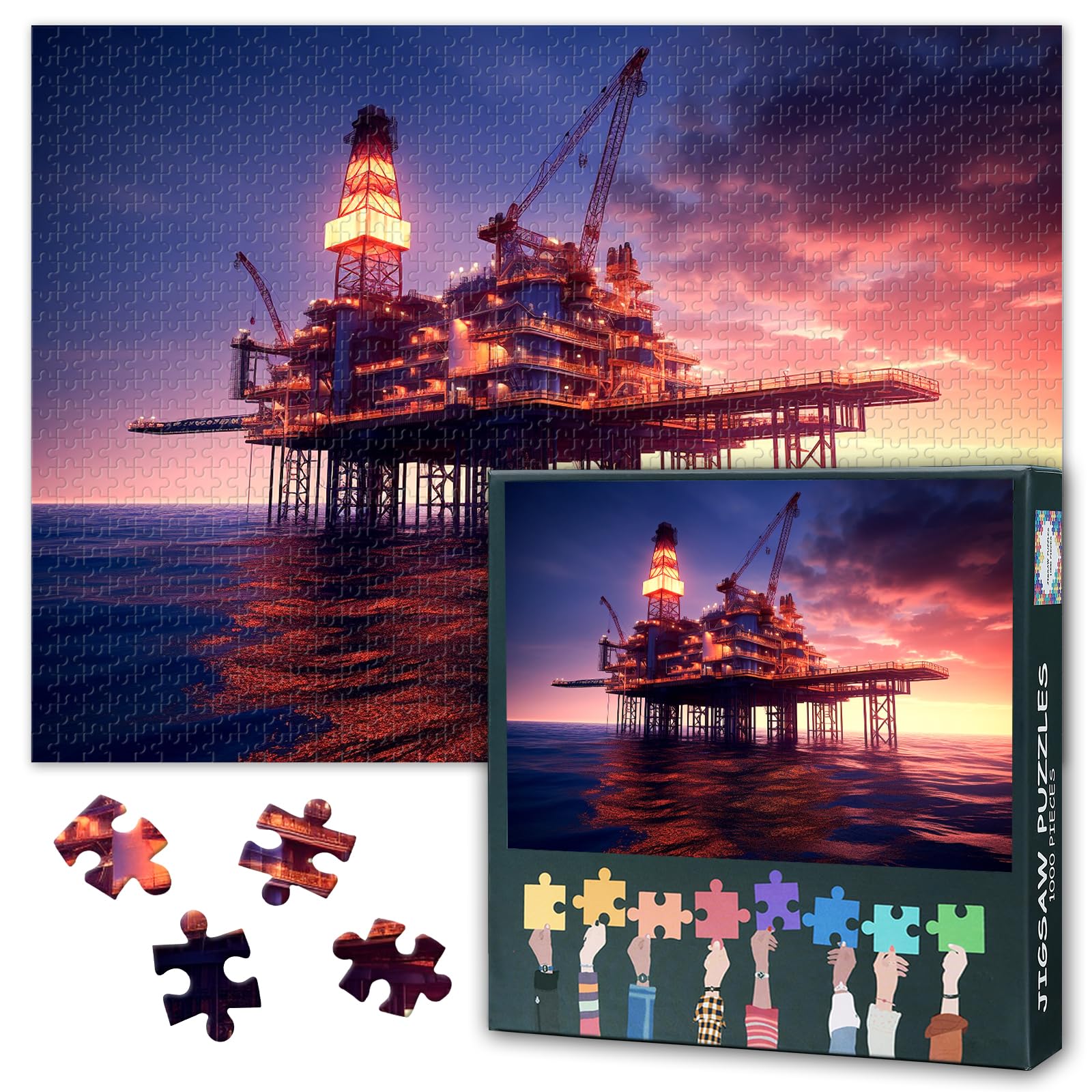Jigsaw Puzzle 1000 Pieces for Adults Oil and Gas Platform at Sea Sunset Industrial Equipment Marine Engineering Wall Art for Home Office 27.5x19.7 Inch