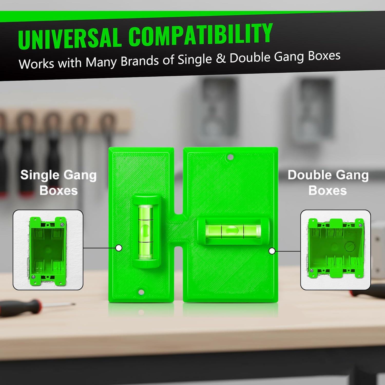 Labor Saving Devices for Old Work Box, Electrical Cutter, Low Voltage Tools for 1Gang/2 Gang Metal Boxes, Non Metallic Electrical Extender, Wall Outlet Template Built in Level(1 Pack,Green)