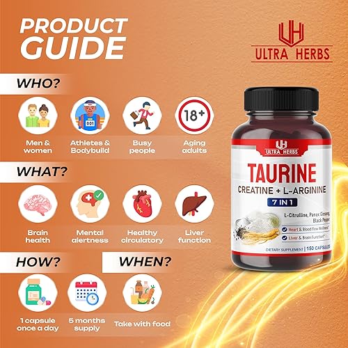 Miniatura 5 de Suplemento de taurina de 16,400 mg con creatina, L-arginina, L-citrulina, panax ginseng, pimienta negra para corazón, nervio, cerebro, bienestar