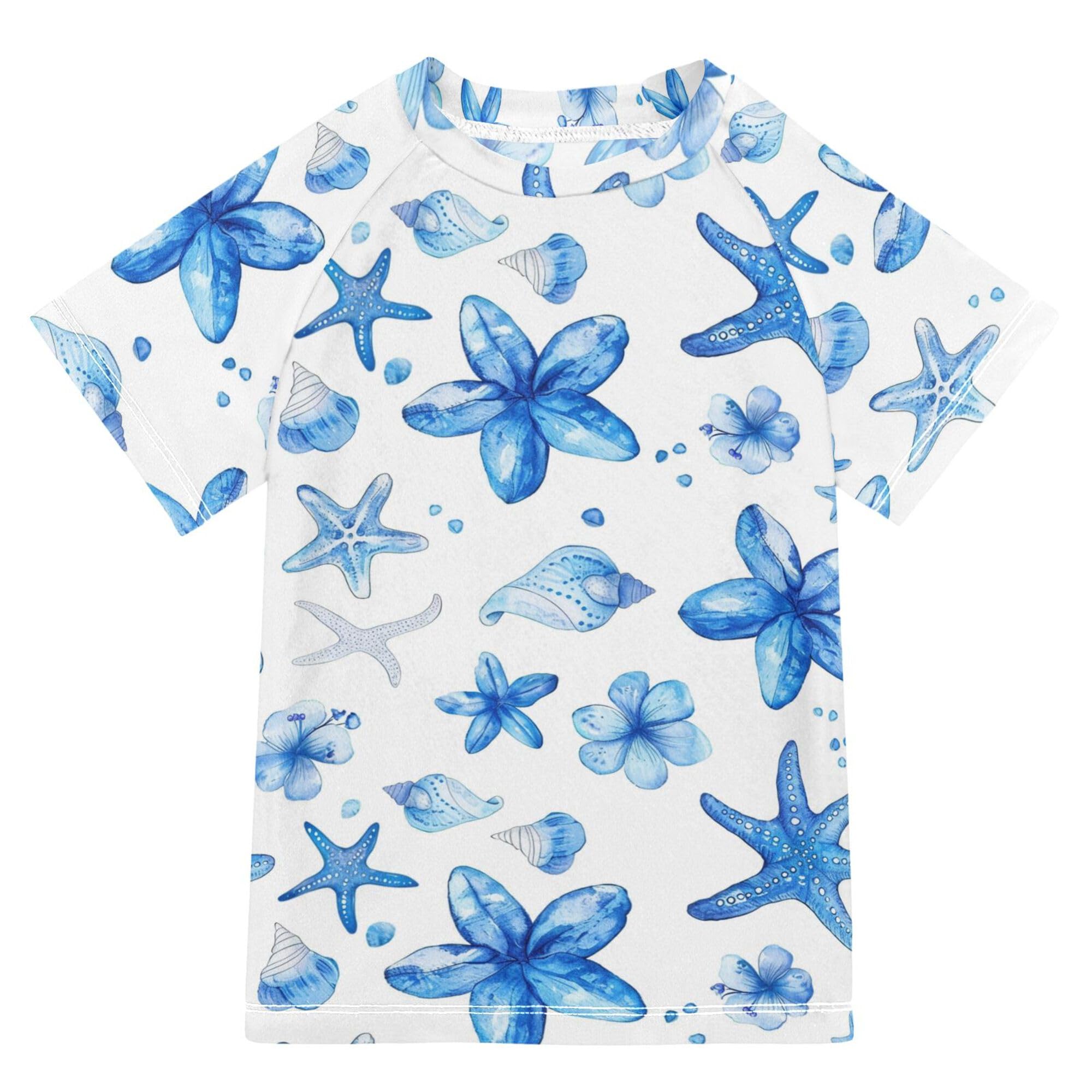 Cute Little Blue Flowers Seastars Seashell Girls Bathing Suit Sun Protection Girls Swimsuit with Rashguard Swimwears Summer Clothes for Big Boy 9-10Y