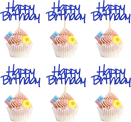 Vista 9 de 24 piezas de decoración para cupcakes de feliz cumpleaños premontados con purpurina negra para pasteles, alimentos y frutas para celebrar fiestas