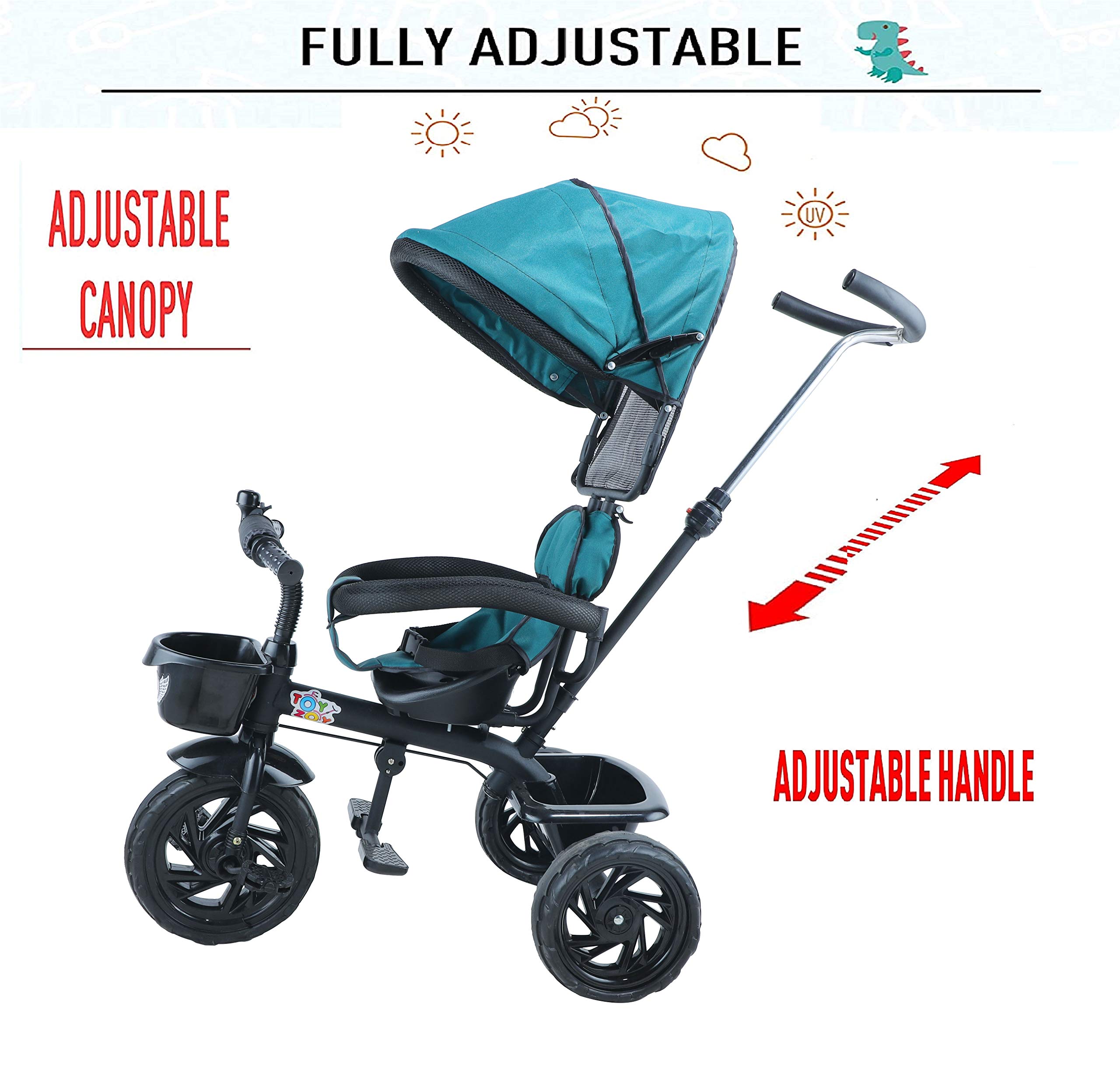 JoyRide 3 in 1 Baby Tricycle Toddler Stroller Kids Pedal Tricycle w/Pusher Removable Canopy Safety Bar Storage Footrest for 18 Months to 5 Years (Green) 2