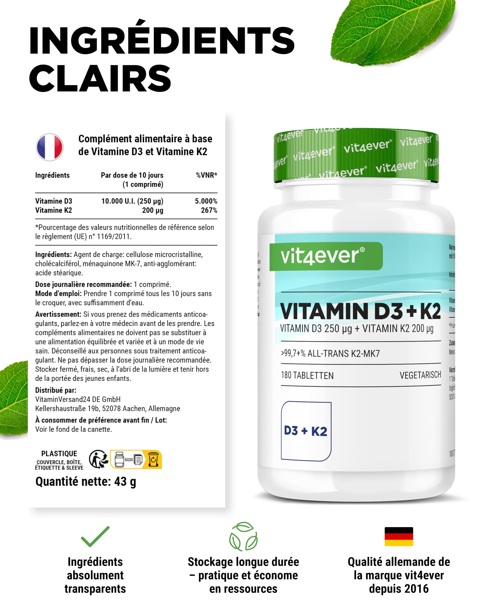 Vitamine D3 + K2 MK-7-180 Comprimés -10.000 U.I. (250µg) Vitamine D3 & 200µg K2 par Comprimé - Matière Première Premium: 99,7+% All-Trans - Haute Pureté - Forte Dose - Végétarien