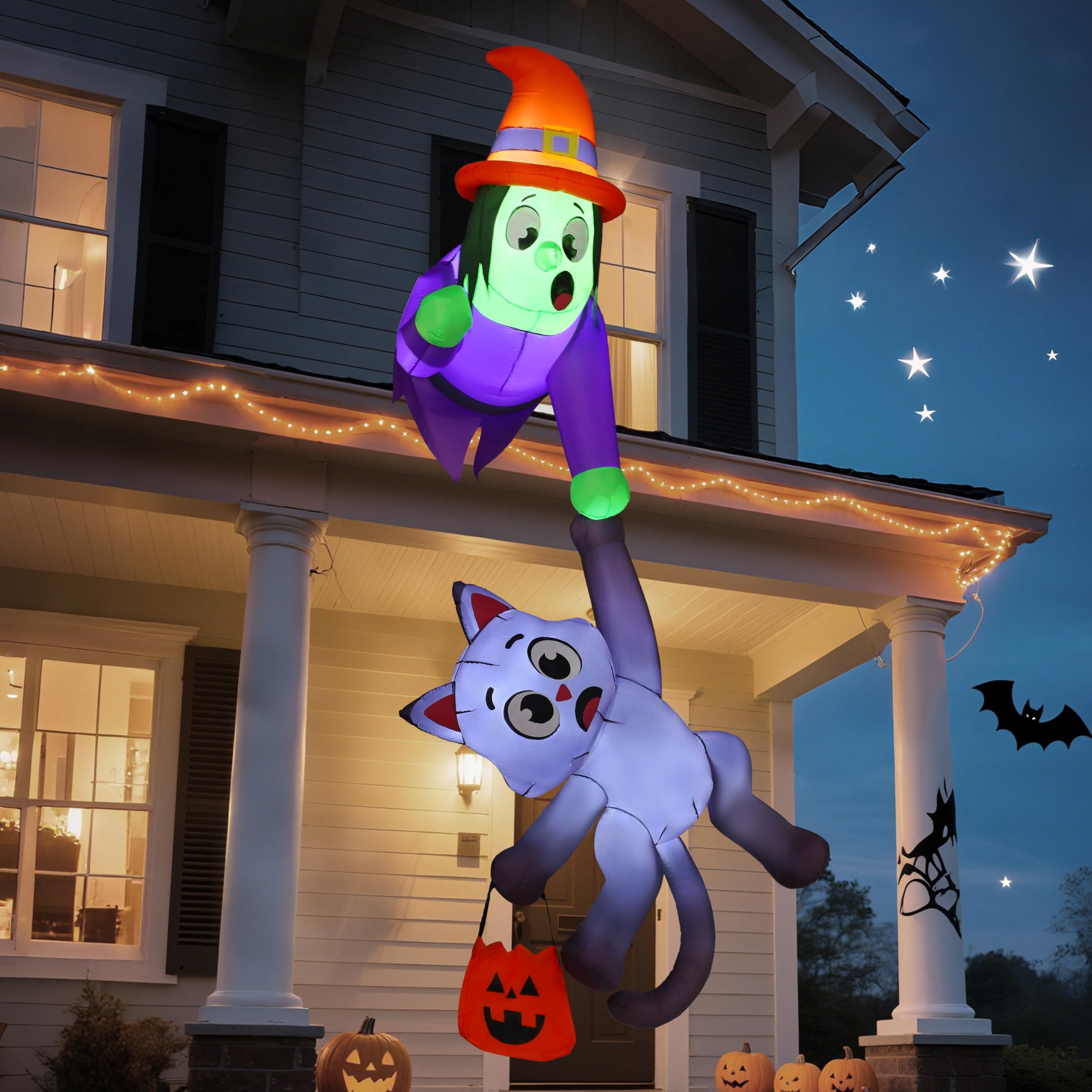 JOYIN Nadmuchiwana dekoracja dachu na Halloween, wysokość 2,44 m, czarownica i czarny kot, nadmuchiwana dekoracja ze światłami LED, ogromne nadmuchiwane artykuły na Halloween, do użytku na zewnątrz