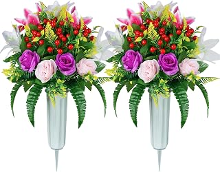 Artificial Cemetery Flowers with Vase, Set of 2 Artificial Rose Lily Bouquet Grave Memorial Flowers for Cemetery Headstones Gravesites Outdoor Decoration (Purple&Pink)