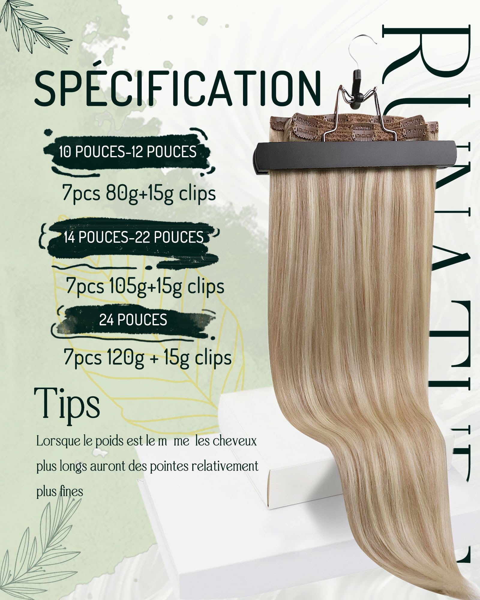 Extensions à clips RUNATURE en cheveux humains naturels, teinte blond #18P60.