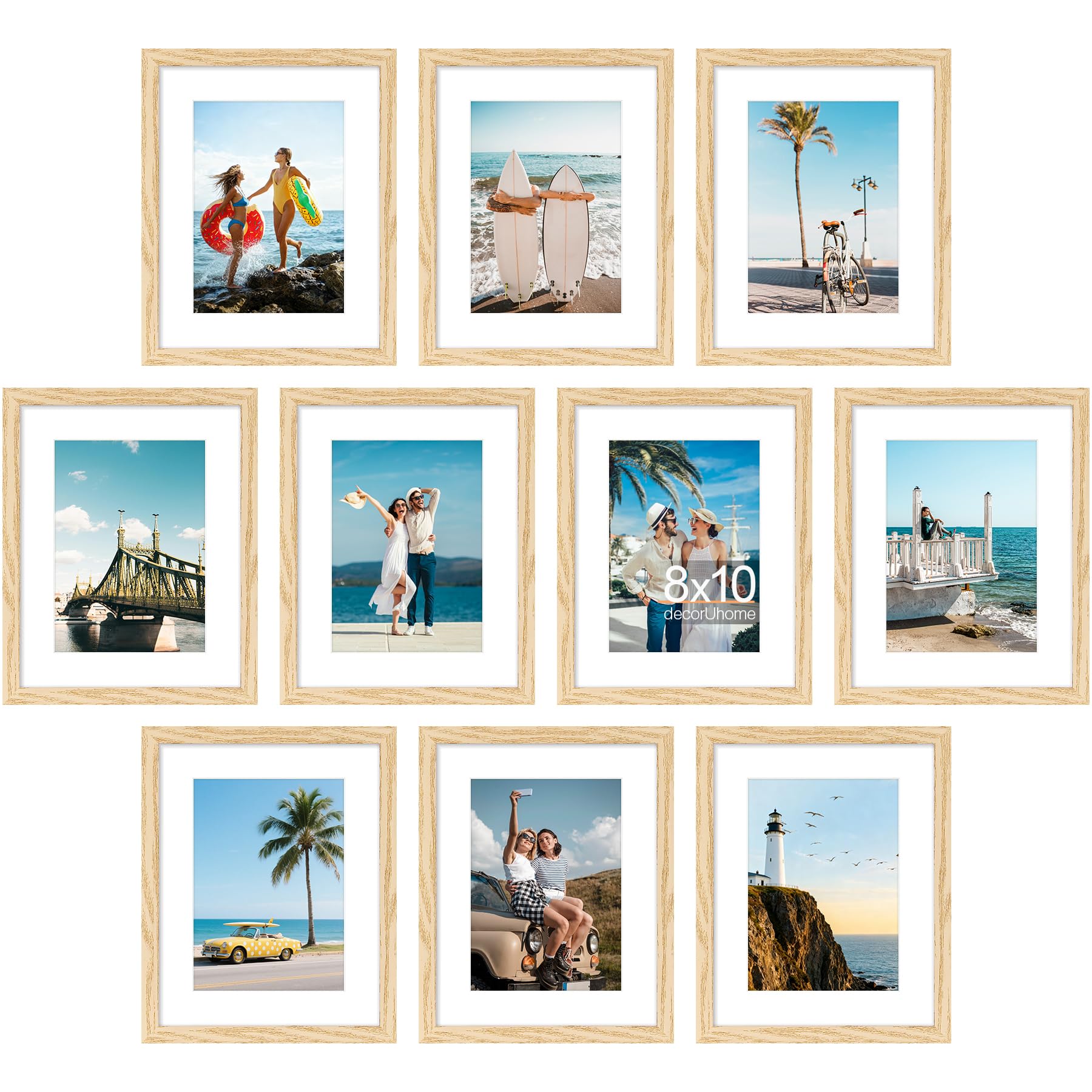 Photo 1 of decorUhome 8x10 Picture Frame Set of 10, Display Photos 5x7 with Mat or 8x10 Unmatted for Picture Frames Collage Wall Decor, Natural