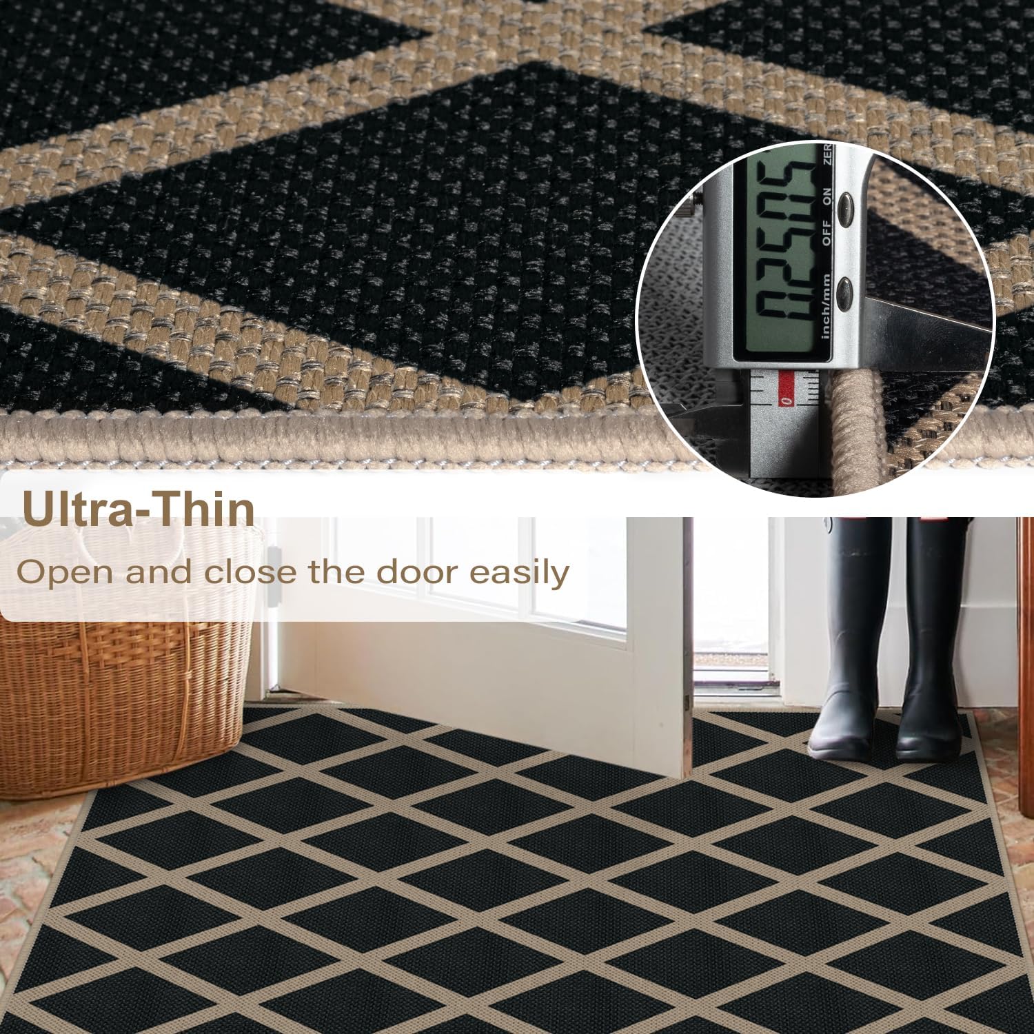 Rugalia Easy Jute Diamond Runner Rug, 2x6 Black Modern Washable Rugs Runner for Hallway Non-Slip Kitchen Runner Rug, Farmhouse Geometric Indoor Outdoor Carpet for Porch Laundry Entryway