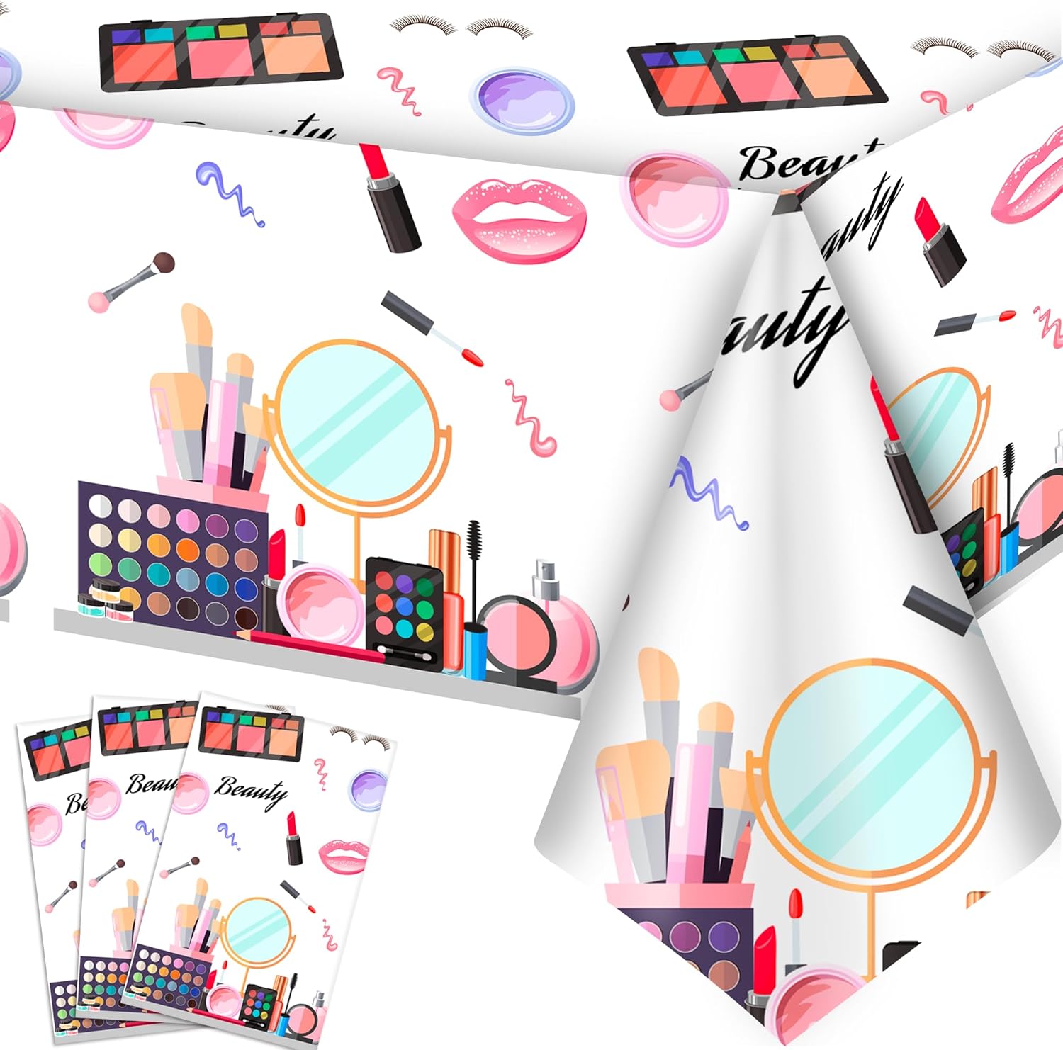 3Pcs Makeup Party Tablecloth, 108'' x 54'' Spa Birthday Party Tablecloth Makeup Party Table Cover for Spa Birthday Party Decorations