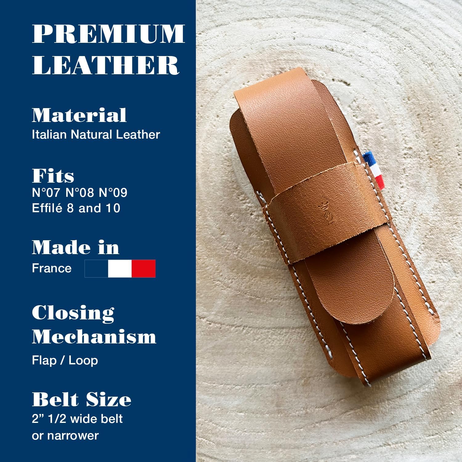 Opinel Premium Leather Belt Sheath, Fits to Size No.09, Flap Closure, Made in France