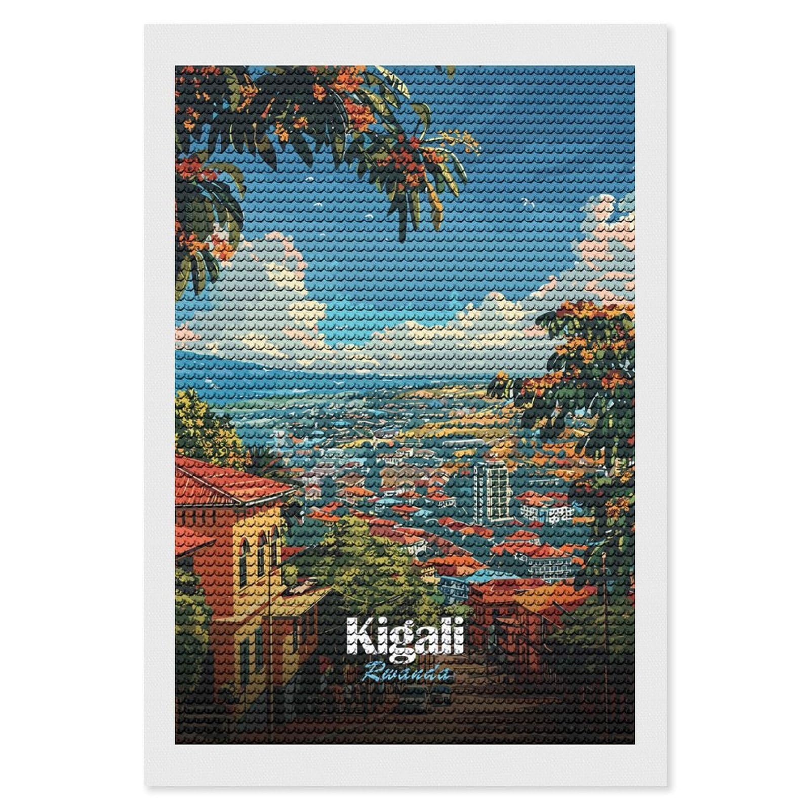 Junmoney Kigali, Rwanda Cityscape Illustration Round Drill Diamond Painting 8"x12", Handmade Wall Decor, Modern Decor, Aesthetic Room Decor, Easy Craft Set