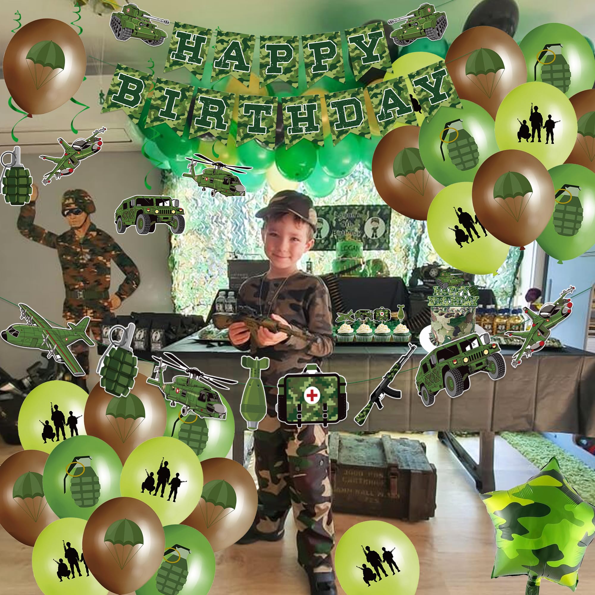 Topper Per Torta Compleanno Tema Militare Mimetico - Set Con 1 Decorazione Centrale E 24 Cupcake Topper - Esercito, Carri Armati, Elicotteri