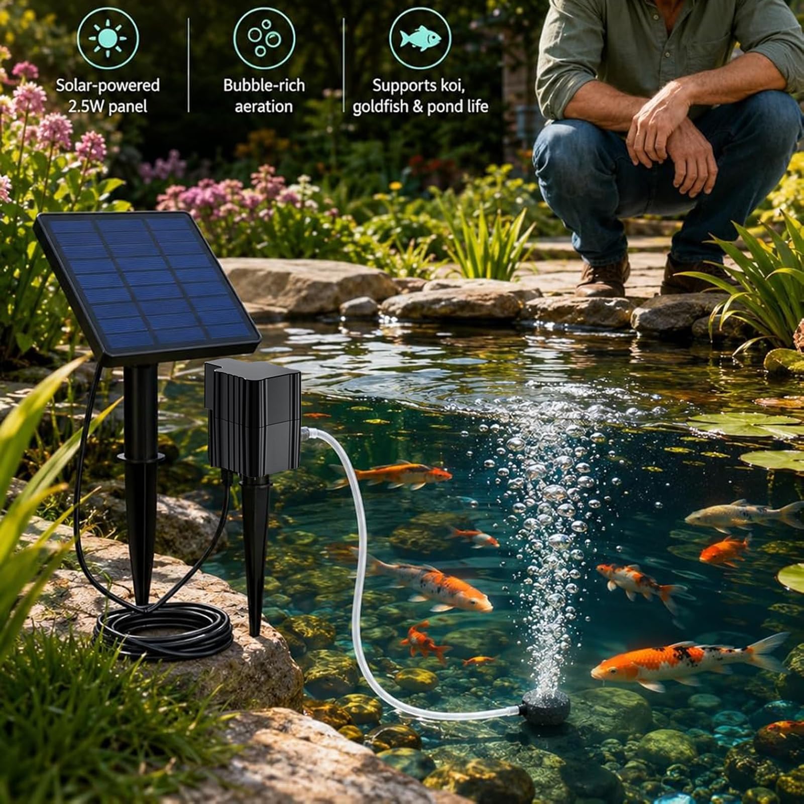 Solar Pond Aerator with Air Pump, 2.5W Solar Teichbelüfter mit Luftpumpe, Luftstein & Schlauch, Solar Sauerstoffpumpe Teich, Leise Teichbelüfter Aquarium, Sauerstoff Luftpumpe für Gartenteich, Angeln