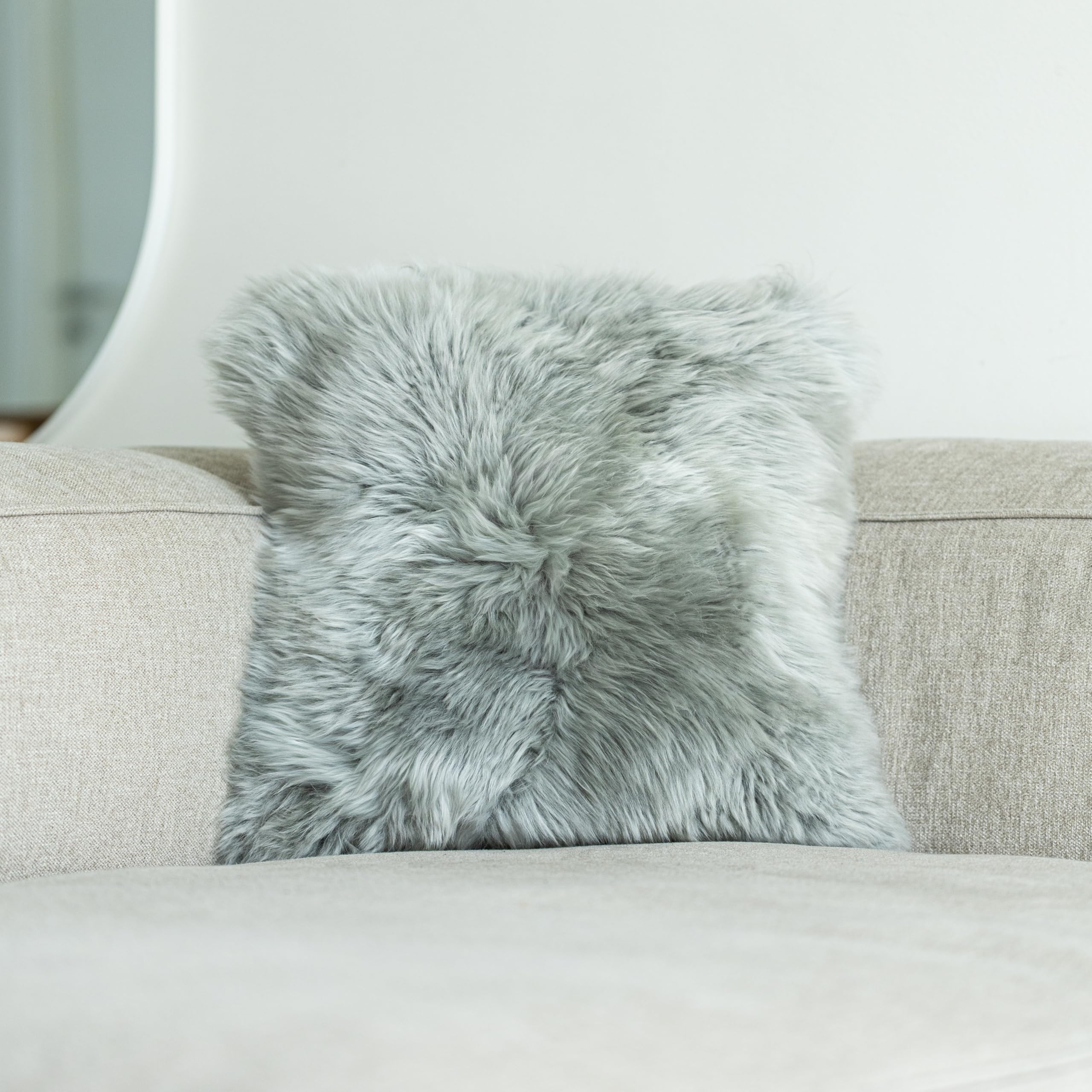 Nordic Sheep Sheepskin Cushion Covers 40x40 cm | Durable New Zealand Long-Hair for a Nordic Style | Perfect Fluffy Pillows for Sofa, Chair & Bed | Color: Light Grey