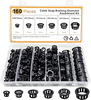 EASYEAH 160pcs Cable Snap Bushing Grommet Protector Black Snap in Cable Hose Bushing Grommet Round Snap Bushing Hole Plugs, 1" 3/4" 5/8" 1/2" 3/8" 5/16" Mounted Dia Locking Bushing Assortment Kit