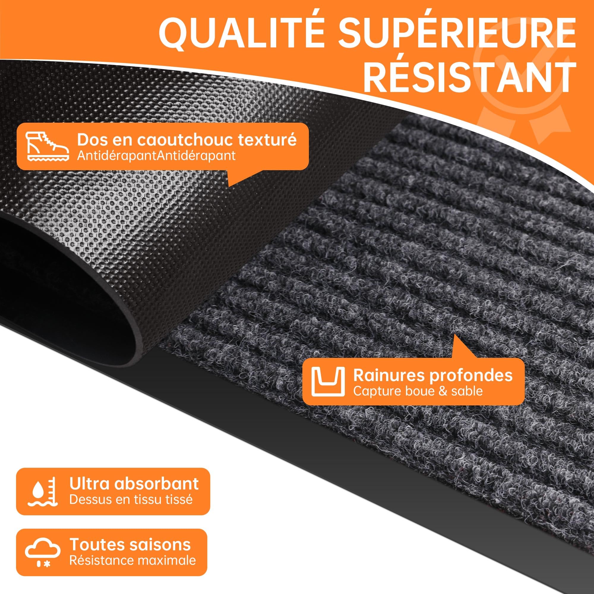 Paillasson Exterieur Entree 75x150cm, Grand Tapis d'Entrée, Tapis Entrée Exterieur Resistant Pluie, Tapis Commercial pour entrée -Gris Foncé