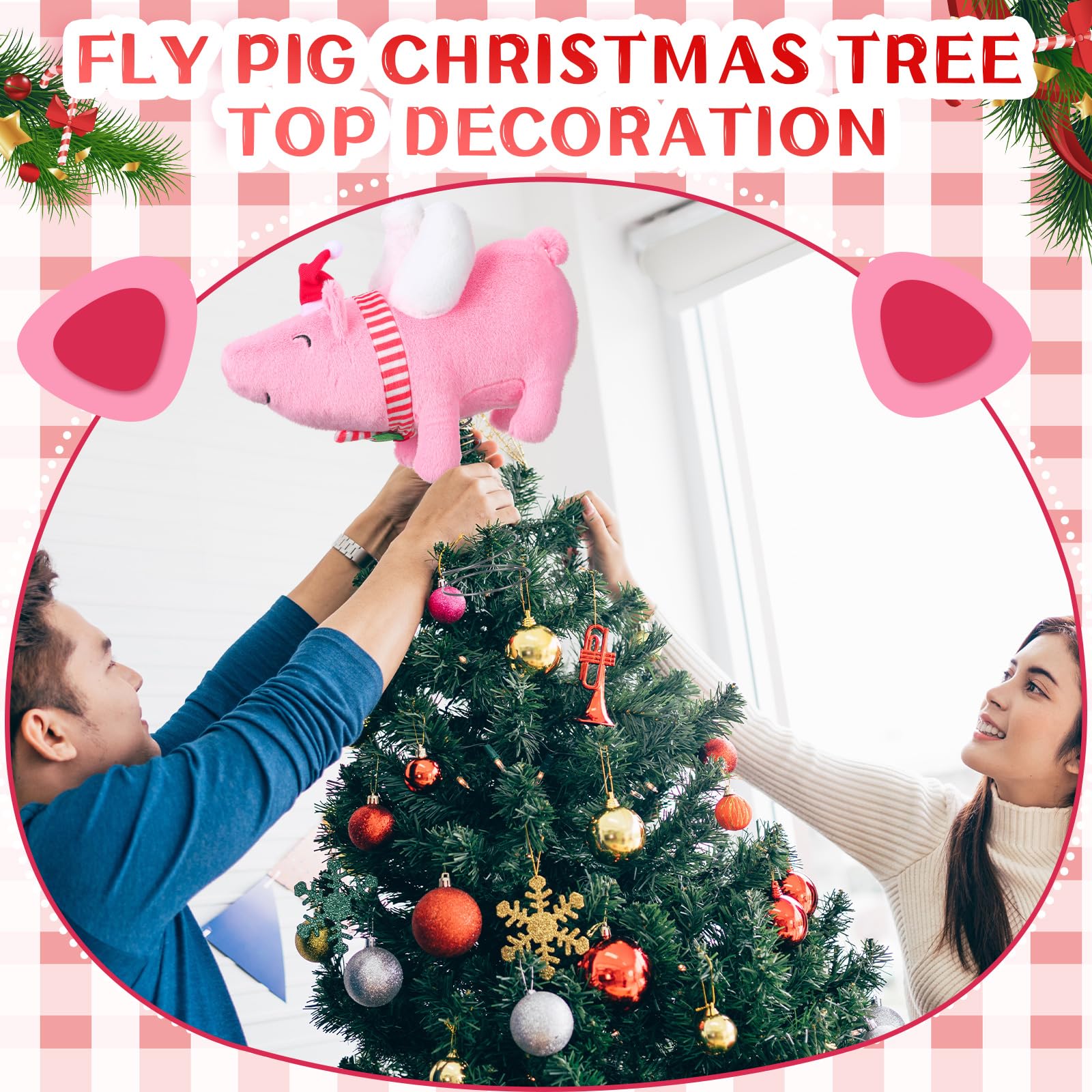 Gejoy Cimier de sapin de Noël en forme de cochon volant pour sapin de Noël, cochon volant rose, vacances d'hiver, décoration d'intérieur