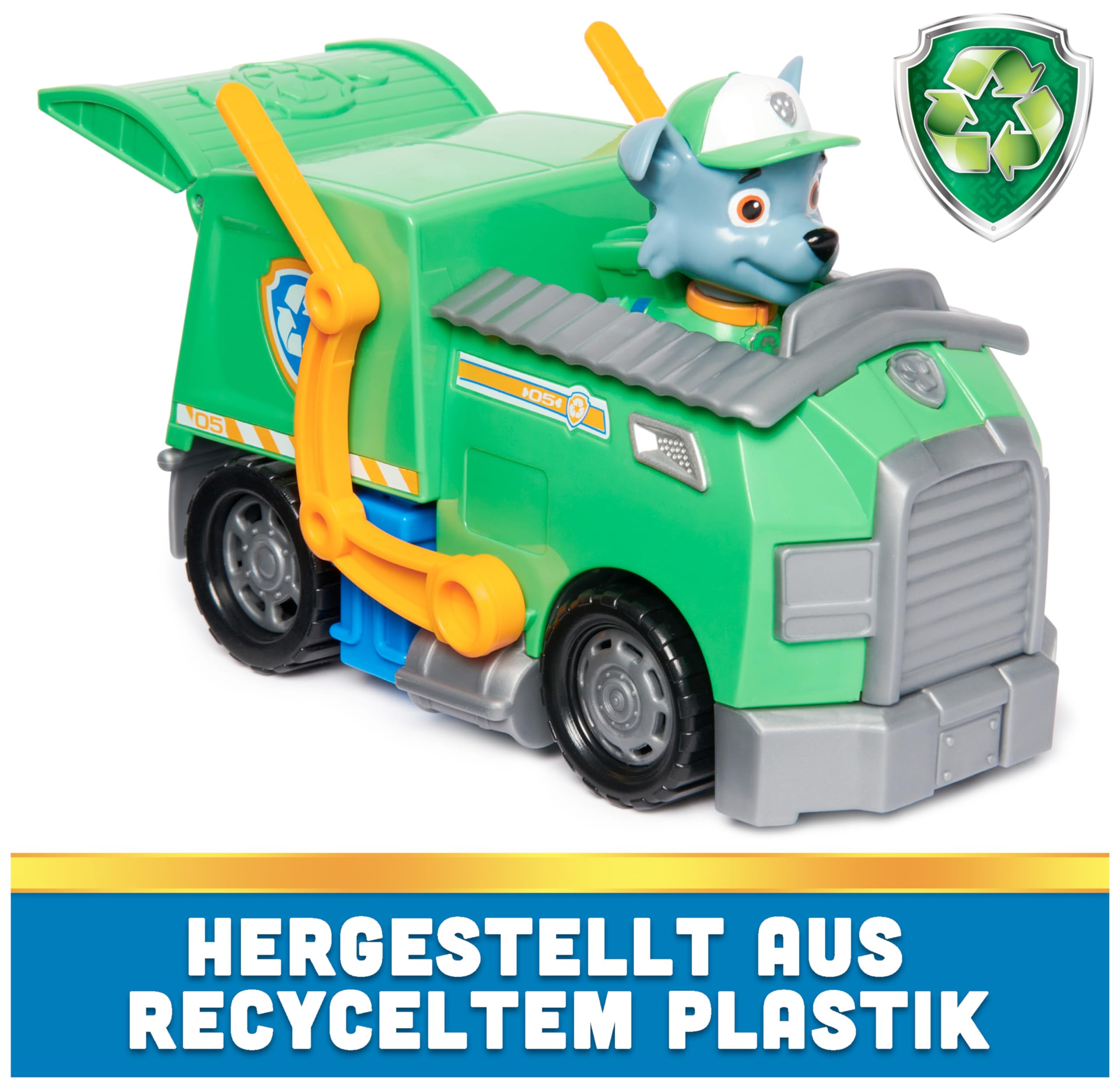 PAW PATROL, Recycling-Truck mit Rocky-Figur & Helikopter mit Skye-Figur (Sustainable Basic Vehicle/Basis Fahrzeug), Spielzeug für Kinder ab 3 Jahren