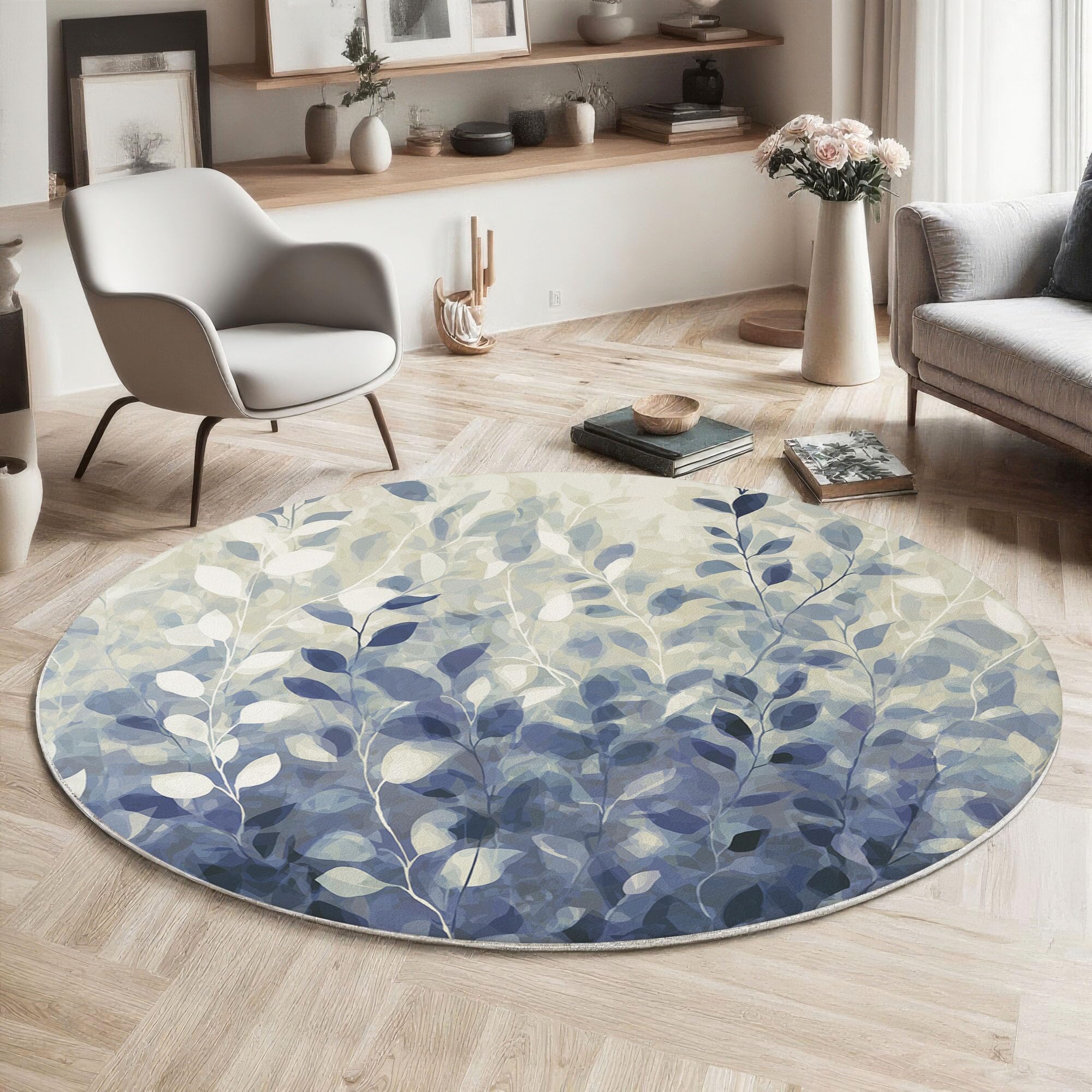 Tapis lavable en machine antidérapant bleu style art végétal