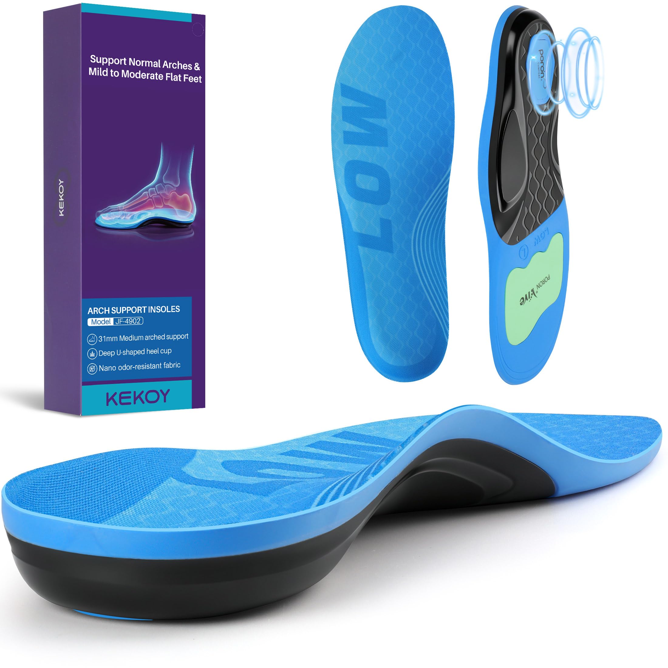 Kekoy Semelles orthopédiques, soutien de la voûte plantaire pour homme et femme, aide à soulager l'inconfort des pieds plats et de la fasciite plantaire, confortable, absorption des chocs, taille M