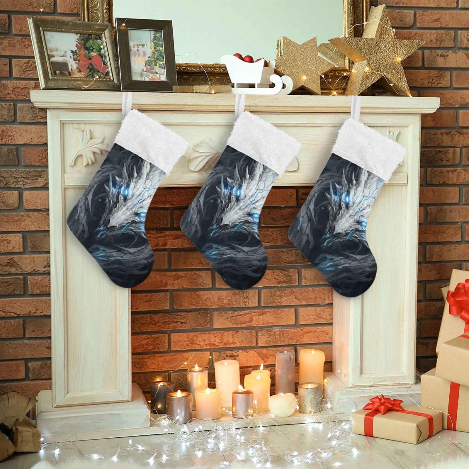 Blaue Augen Drache Weihnachtsstrümpfe, 45 cm großer Weihnachtsstrumpf Kamin hängende Strümpfe Dekor – 1 Packung