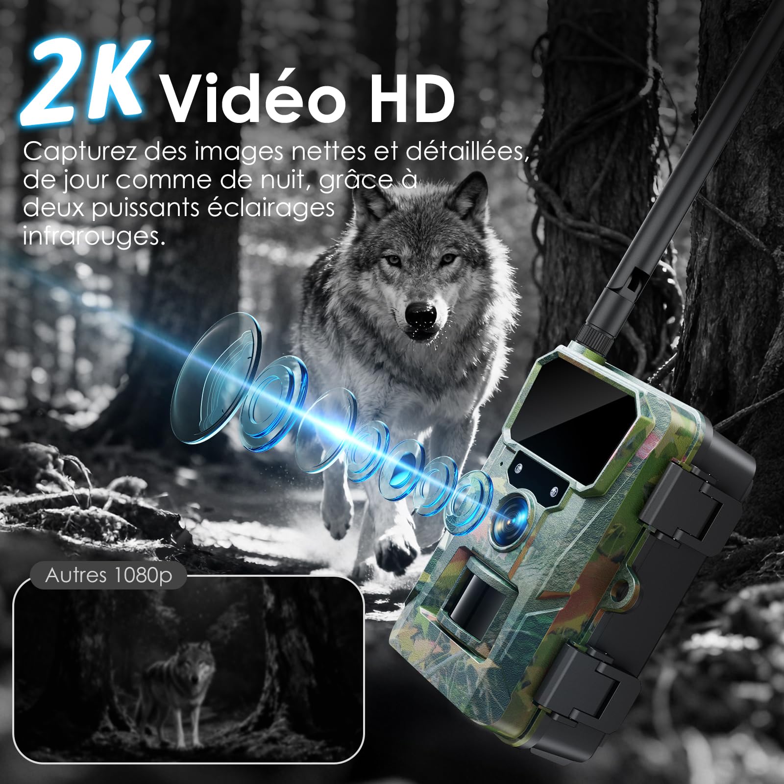 WOLFANG Solaire Caméra de Chasse 4G, 48MP 2K HD Camera Chasse avec Détection de Mouvement, 5200mha Batterie, Vision Nocturne, Déclenchement 0,2s, IP66 Etanche