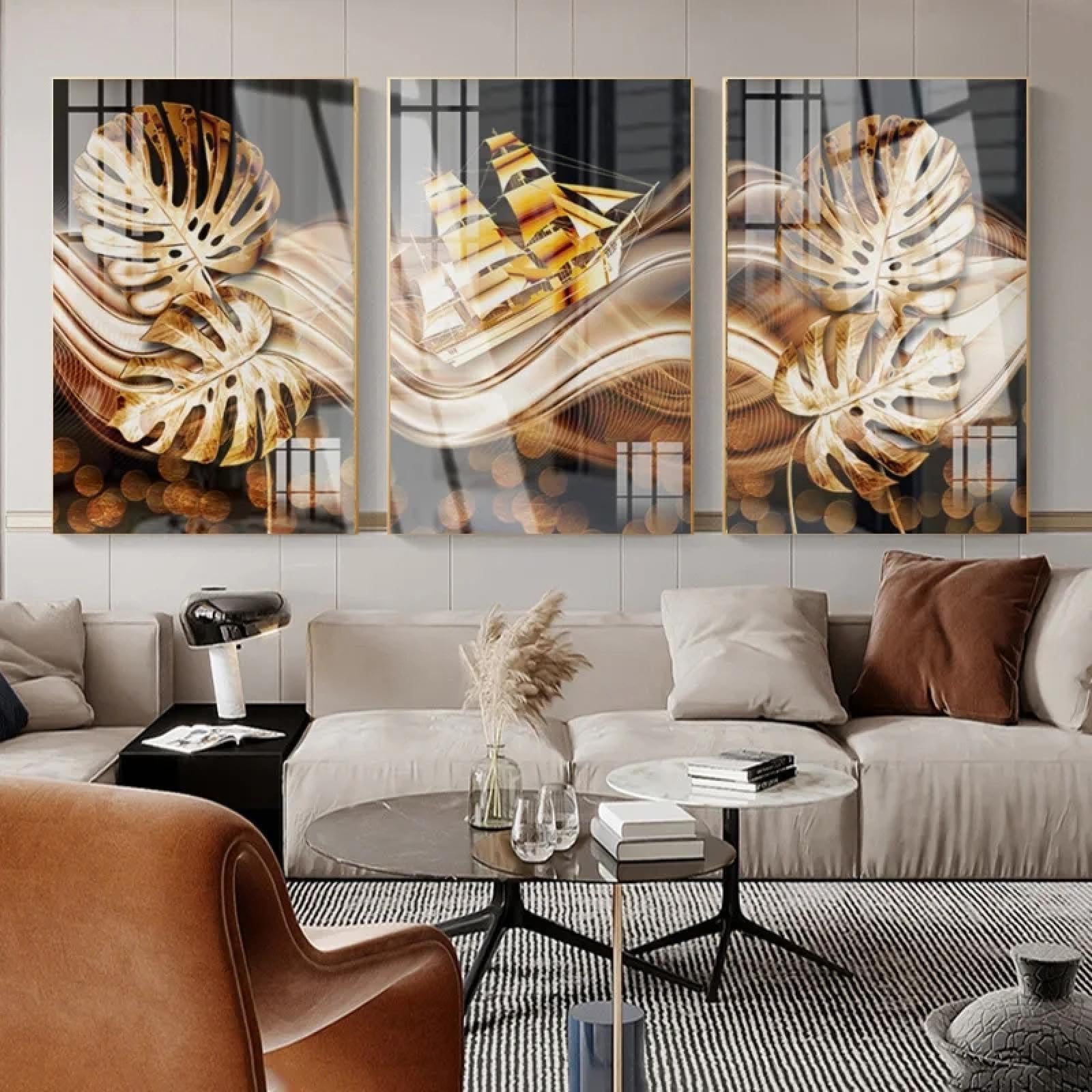 Feuilles d'or affiches triptyque 60x90 cm pour salon - 6