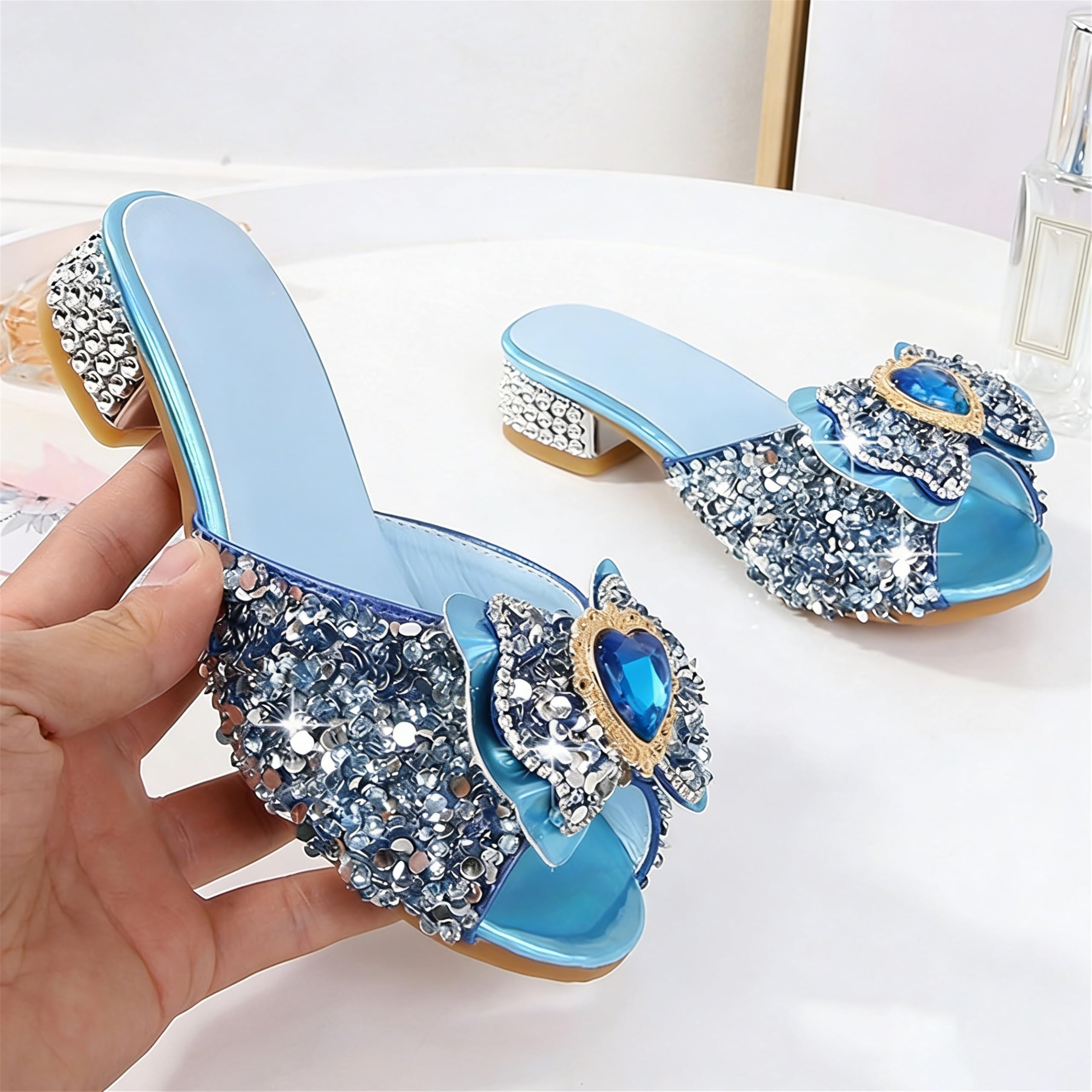 Princesse Fille Chaussures à Talon Haut Pantoufle Argenté Paillette Noeud Elsea Badge Semelle Elsea Imprimé Reine des Neiges Sandale Bouche de Poisson Noël Halloween
